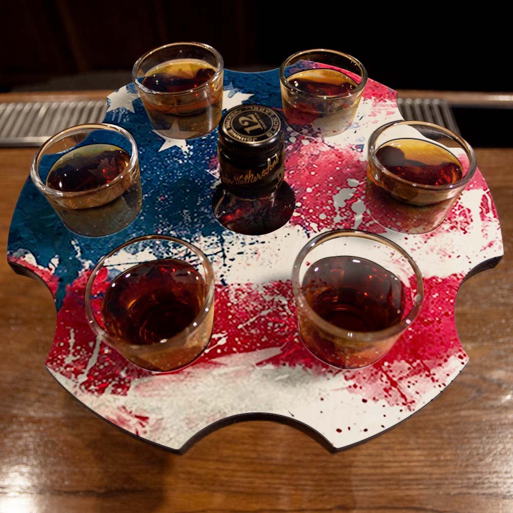 6-Shooter Wooden Shot Glass Holder with Bottle Topper - American Grunge Flag Design - Perfect for Bar Decor, Man Cave Accessories & Whiskey Lover Gifts