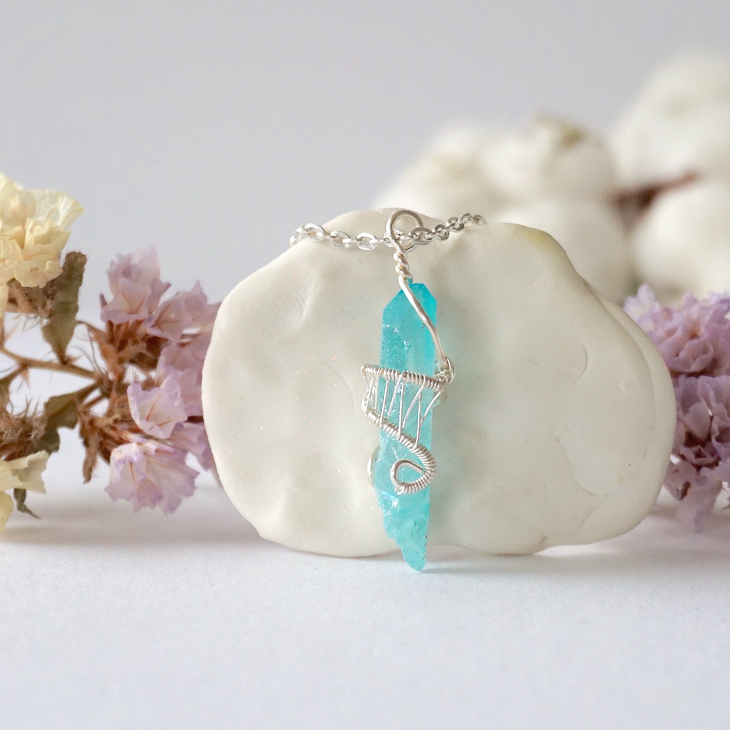 Aqua Aura Quartz Necklace - Silver Plated Crystal Point Charm Pendant for Women | Spiritual Healing, Meditation & Energy Jewelry Gift