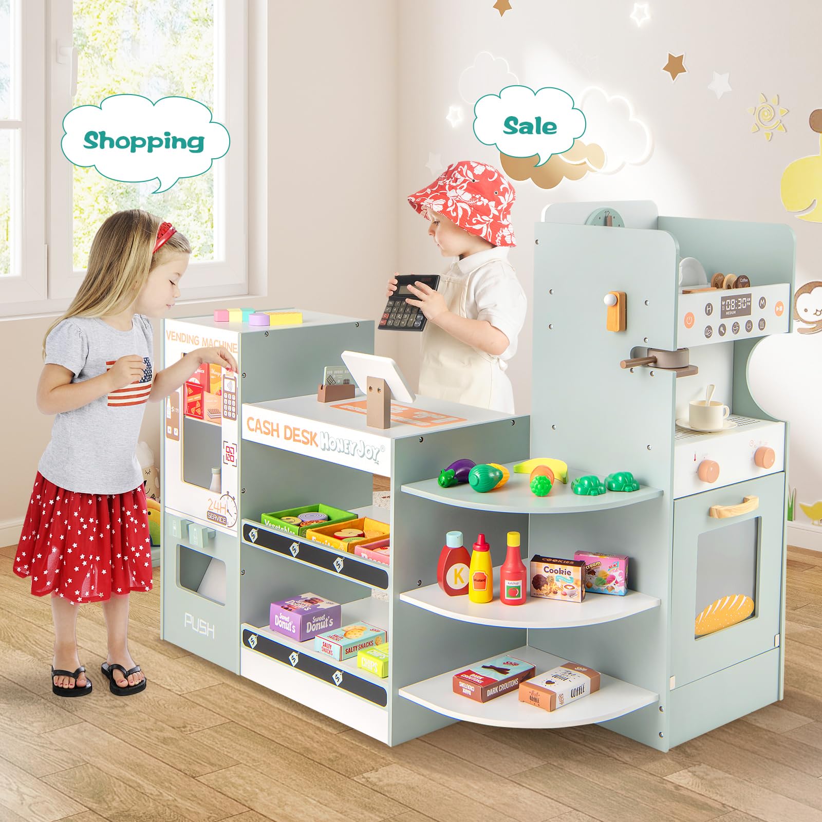 HONEY JOY Wooden Kids Grocery Store Playset with Coffee Maker, Vending Machine & Cash Register - Pretend Play Supermarket Toy with Display Shelves & Play Food for Toddlers - Perfect for Role Play, Early Learning & Social Skills Development at Home or Preschool
