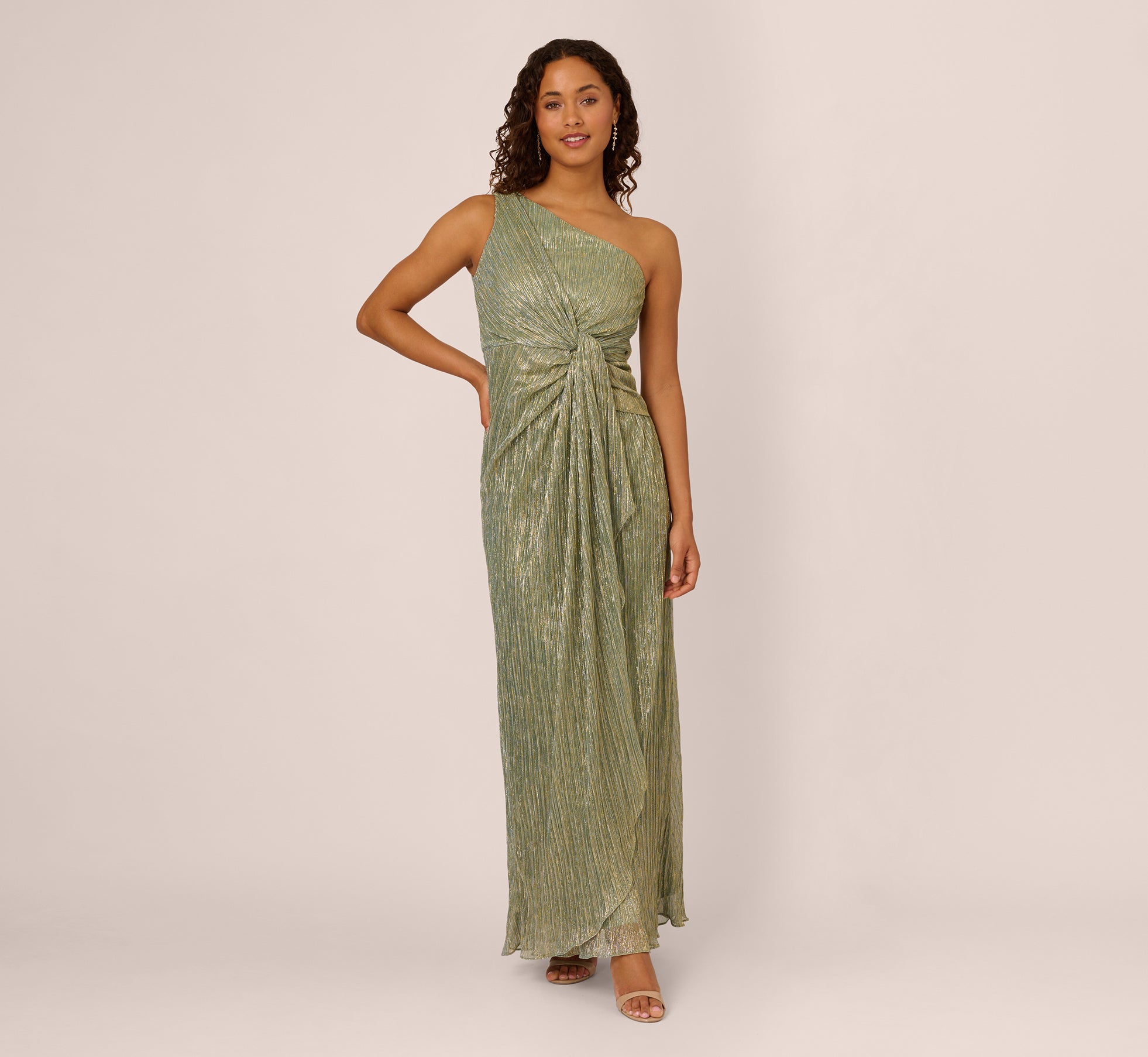 Elegant Stardust Pleated Draped One Shoulder Evening Gown in Green Slate - Perfect for Prom, Wedding & Formal Events