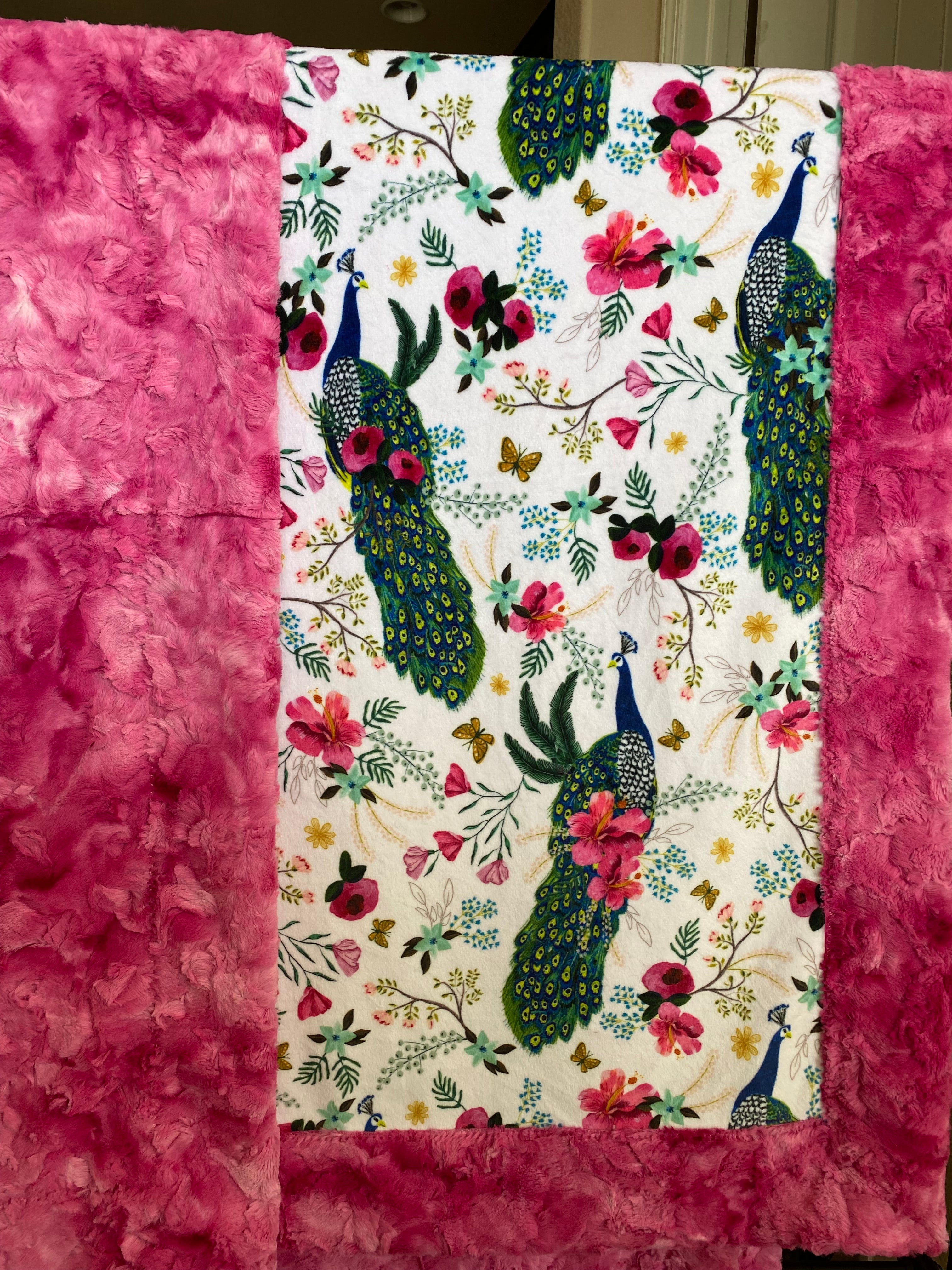 Plush Peacock Floral Fuchsia Marble Print Minky Blanket for Adults - 55x79 Inches - Soft Cozy Throw for Bed, Sofa & Home Decor