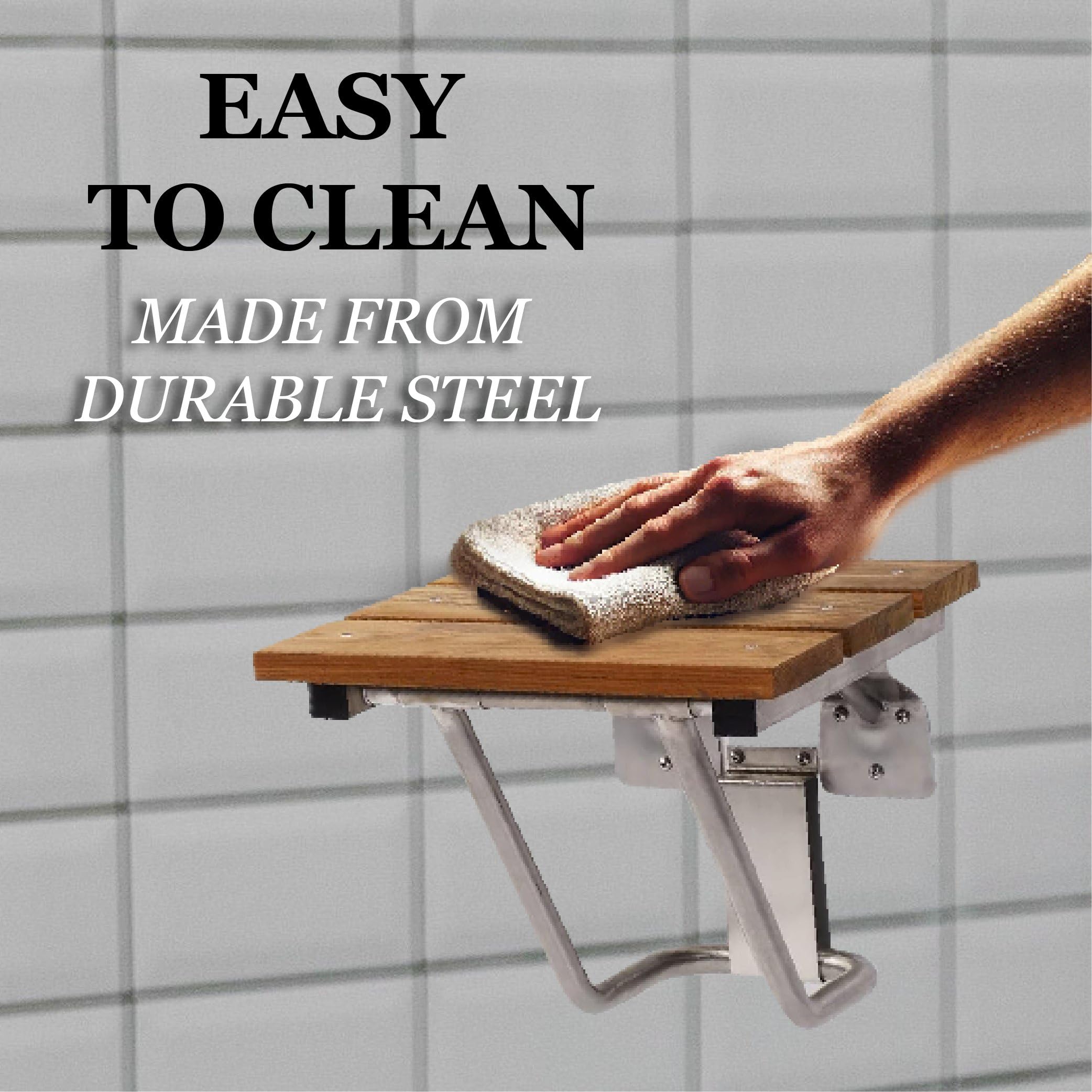 ADA Compliant Folding Shower Chair for Elderly & Disabled - Teak Wood Shower Seat 34.5x21 Inches Right Hand - Safe Bathroom Mobility Aid for Seniors & Handicapped (Ideal for Small Showers & Bathtubs)