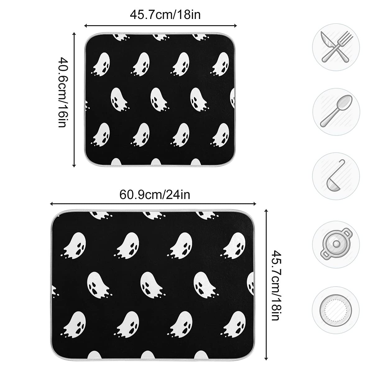 Spooky Ghost Dish Drying Mat - 16x18 Inch Absorbent Microfiber Kitchen Counter Mat for Halloween Decor | Perfect for Drying Dishes, Protecting Countertops & Seasonal Kitchen Decorations