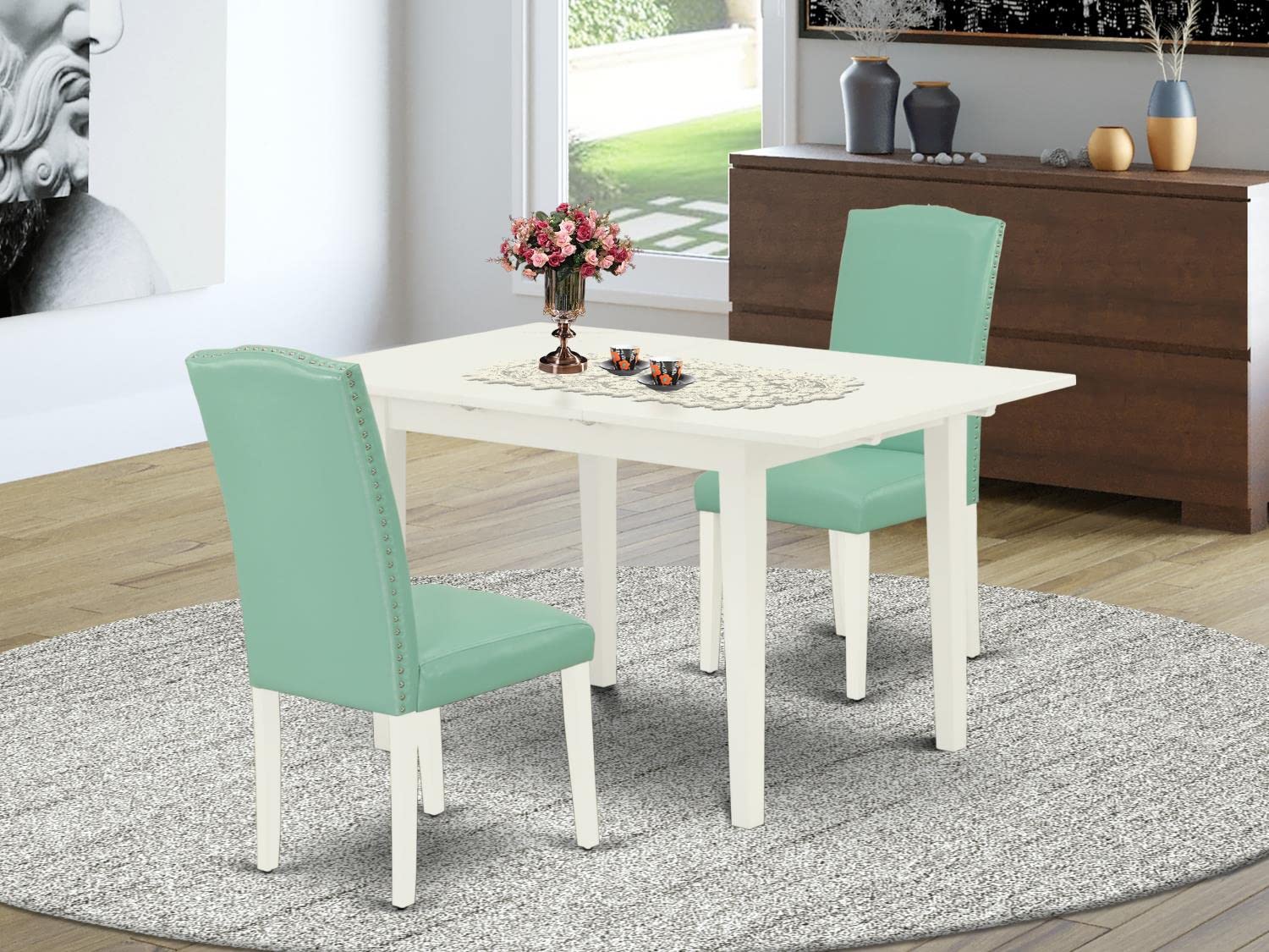 East West Furniture NOEN3-LWH-57 3-Piece Kitchen Dining Set - 32x54 Inch Rectangle Table with Butterfly Leaf & 2 Parson Chairs in Faux Leather, Linen White - Perfect for Small Spaces, Breakfast Nooks & Cozy Apartments