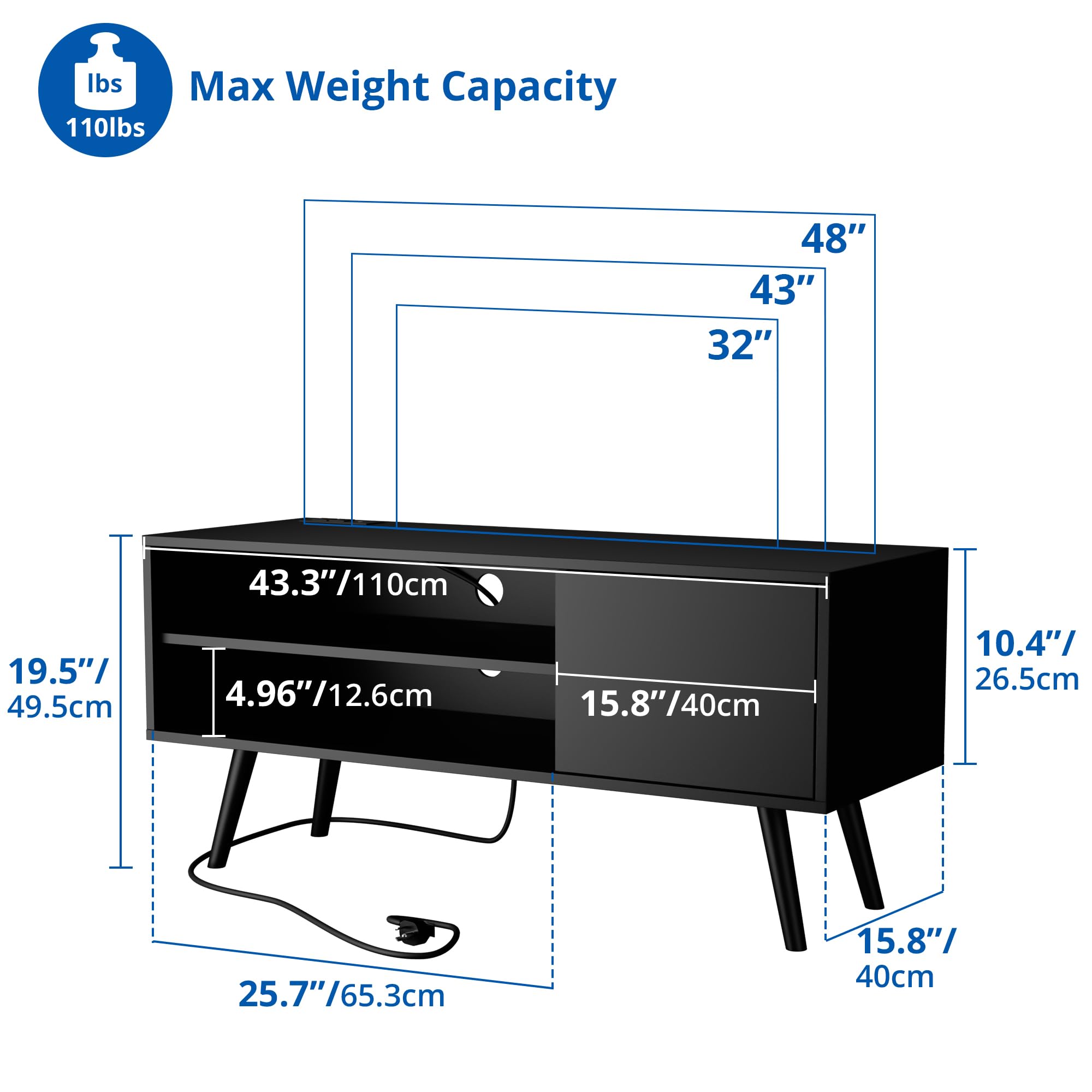 Mid Century Modern TV Stand for 48 Inch TV - Entertainment Center with Storage Cabinet, Media Console for Living Room & Bedroom - Black - Perfect for Small Spaces & Home Theater Setup