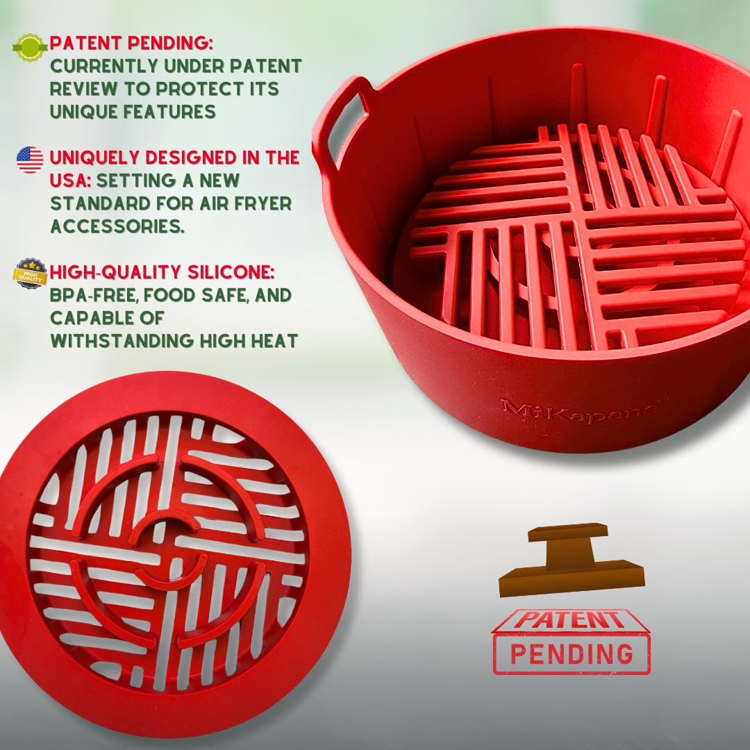 Reusable Silicone Air Fryer Basket - BPA-Free Non-Stick Accessory for Healthy Cooking (8.6 Inch, Red) - Perfect for Frying, Baking & Roasting Vegetables, Chicken Wings & More