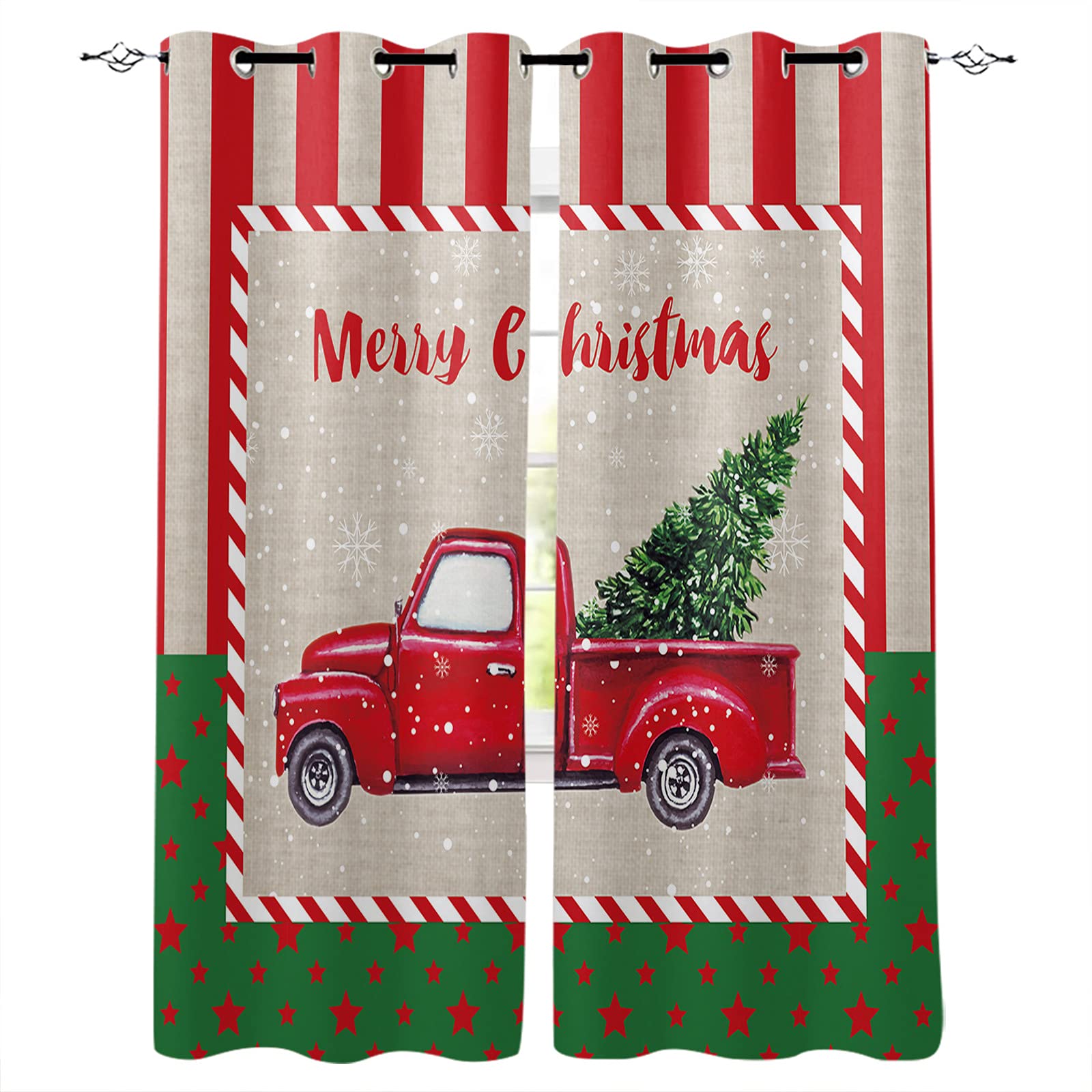 Christmas Green Trees Farm Truck Thermal Insulated Grommet Curtains - Noise Reducing Room Darkening Window Drapes for Kitchen & Living Room - Watercolor Red Stars Stripes Design for Holiday Decor & Home Insulation