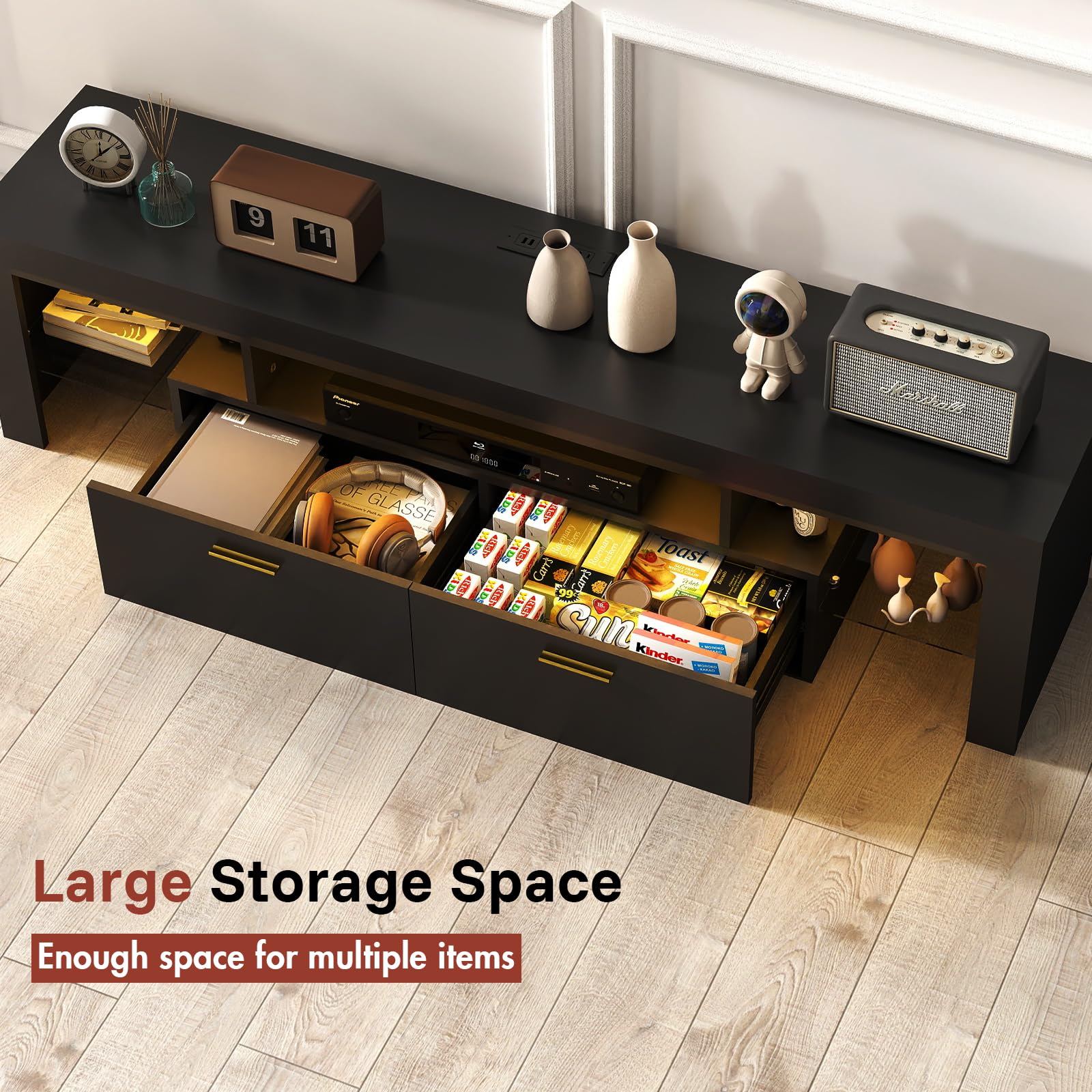 Modern TV Stand with Mount - TV Console with 2 AC Outlets & RGB LED Lights for 80 Inch TVs - Double Cabinet Storage - 40° Adjustable TV Mount - Pure Black - Perfect for Living Room, Bedroom & Home Theater Setup