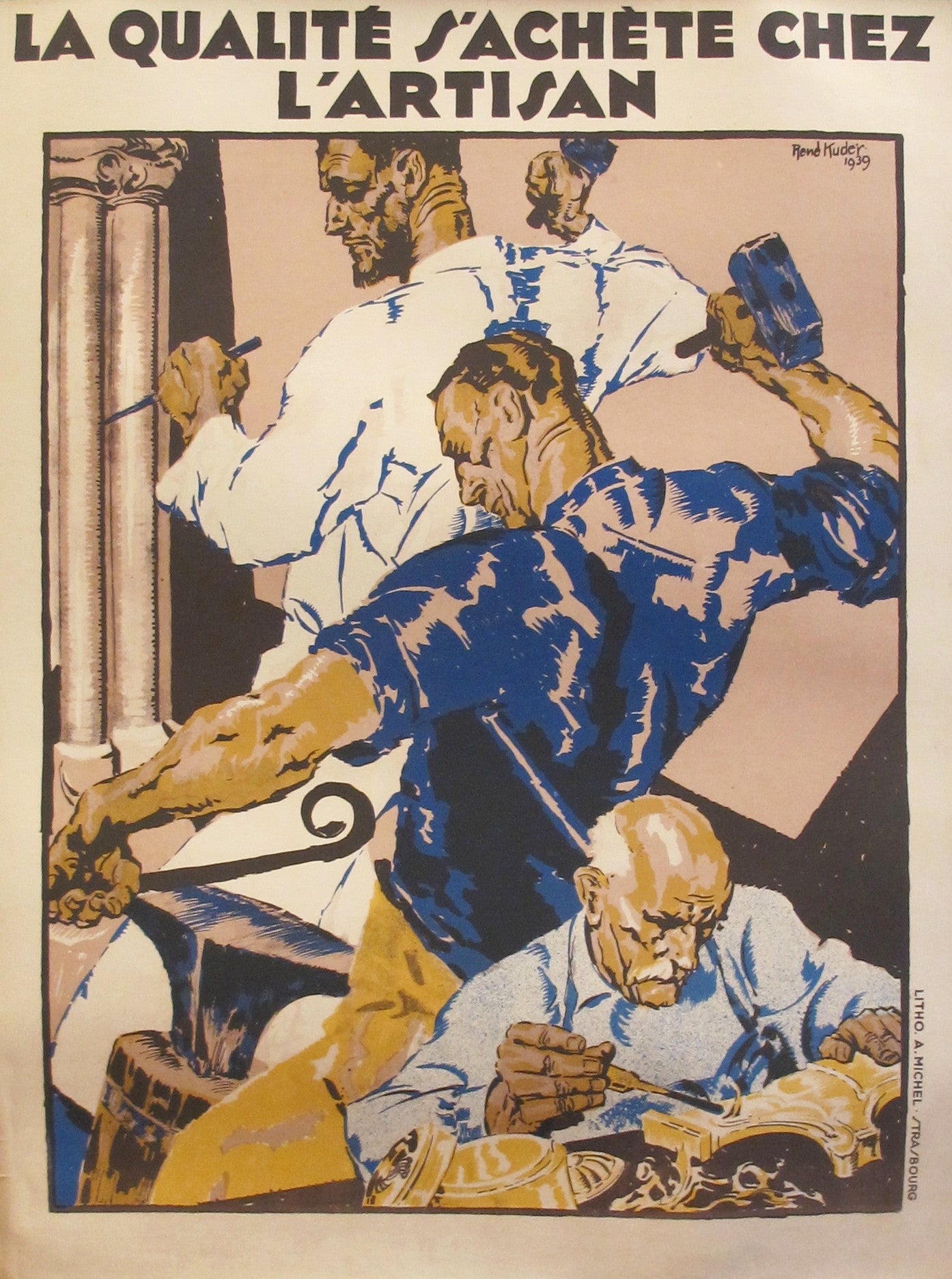 1939 Original Vintage French Poster - La Qualité S'achète Chez L'Artisan Kuder - Authentic Art Deco Wall Decor for Home & Office