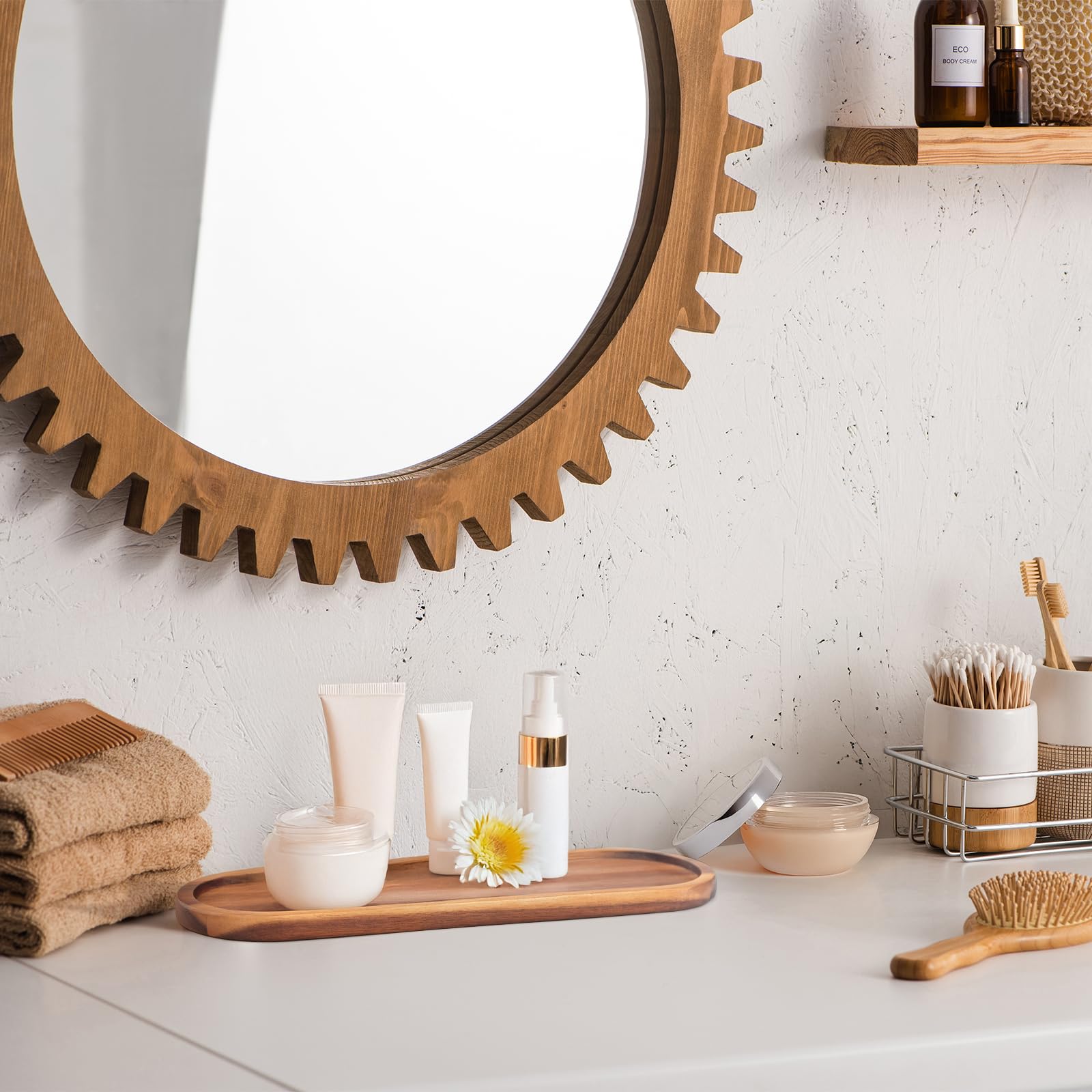 Wooden Vanity Tray Set of 2 - Rustic Farmhouse Bathroom Organizer for Perfume & Jewelry | Soap Storage Tray | Kitchen Countertop Decor Plate with Raised Edge | Perfect for Bathroom Vanity, Dresser Top & Gift Giving