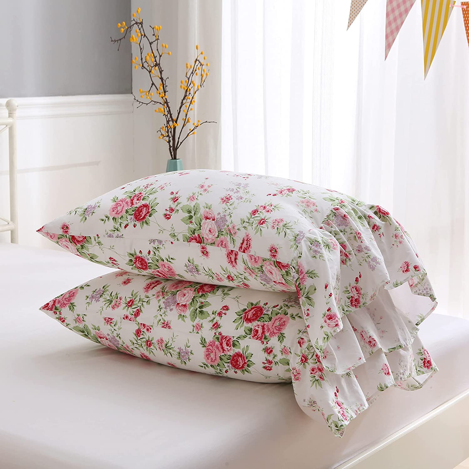 Rose Floral Long Ruffles Cotton Pillow Shams Set of 2 - King Size Bedding, Decorative Cushion Covers for Master Bedroom, Living Room Sofa, Home Decor