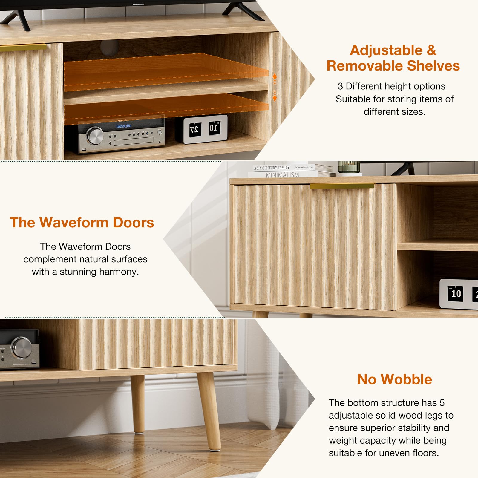 Modern TV Stand for 55/60/65 Inch TVs - Oak Entertainment Center with Fluted Door Cabinets & Open Shelves - Living Room & Bedroom Media Console - Perfect for Home Theater & Family Entertainment Spaces