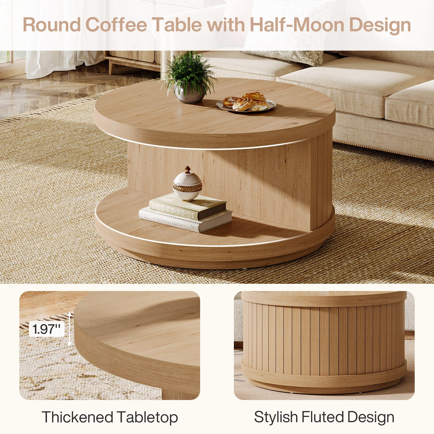 31.5 Inch Round Coffee Table with 2-Tier Storage - Modern Living Room Center Table for Home Decor, Perfect for Small Spaces & Entertaining Guests
