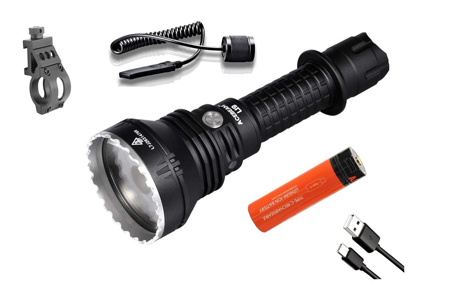 ACEBEAM L19 PM1 White LED Flashlight - 1650 Lumens, 1300m Throw with Remote Pressure Switch & Offset Mount | Tactical Flashlight for Hunting, Camping, Emergency | Includes Free 20A Battery