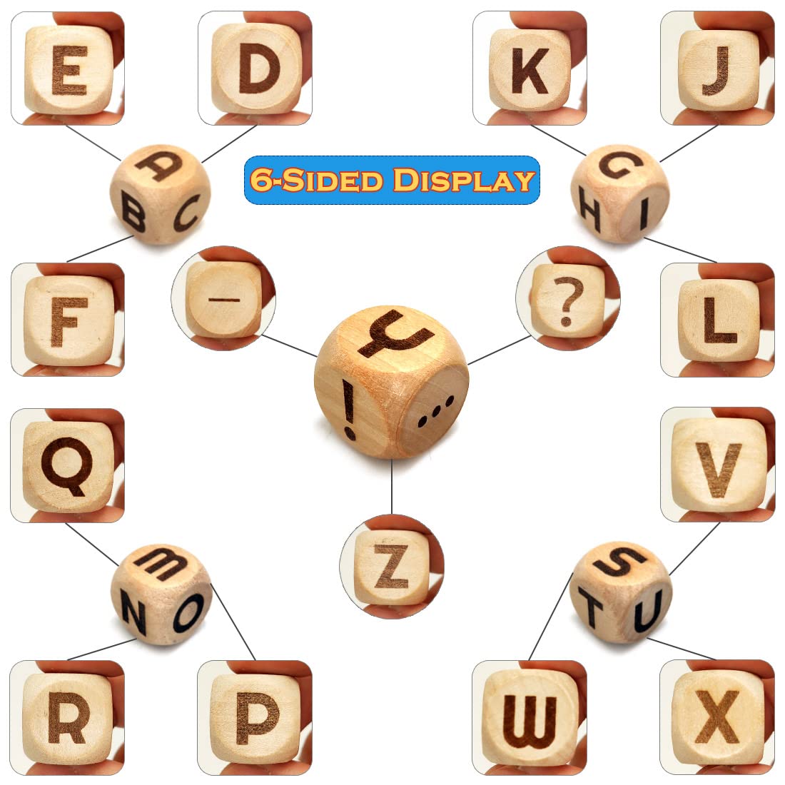 20MM Creative Wooden Letter Dice Set - 5 Pieces Laser Engraved A-Z Alphabet Cubes for Board Games, Party Games & Family Game Night (Perfect for Scrabble, Word Games & Educational Activities)
