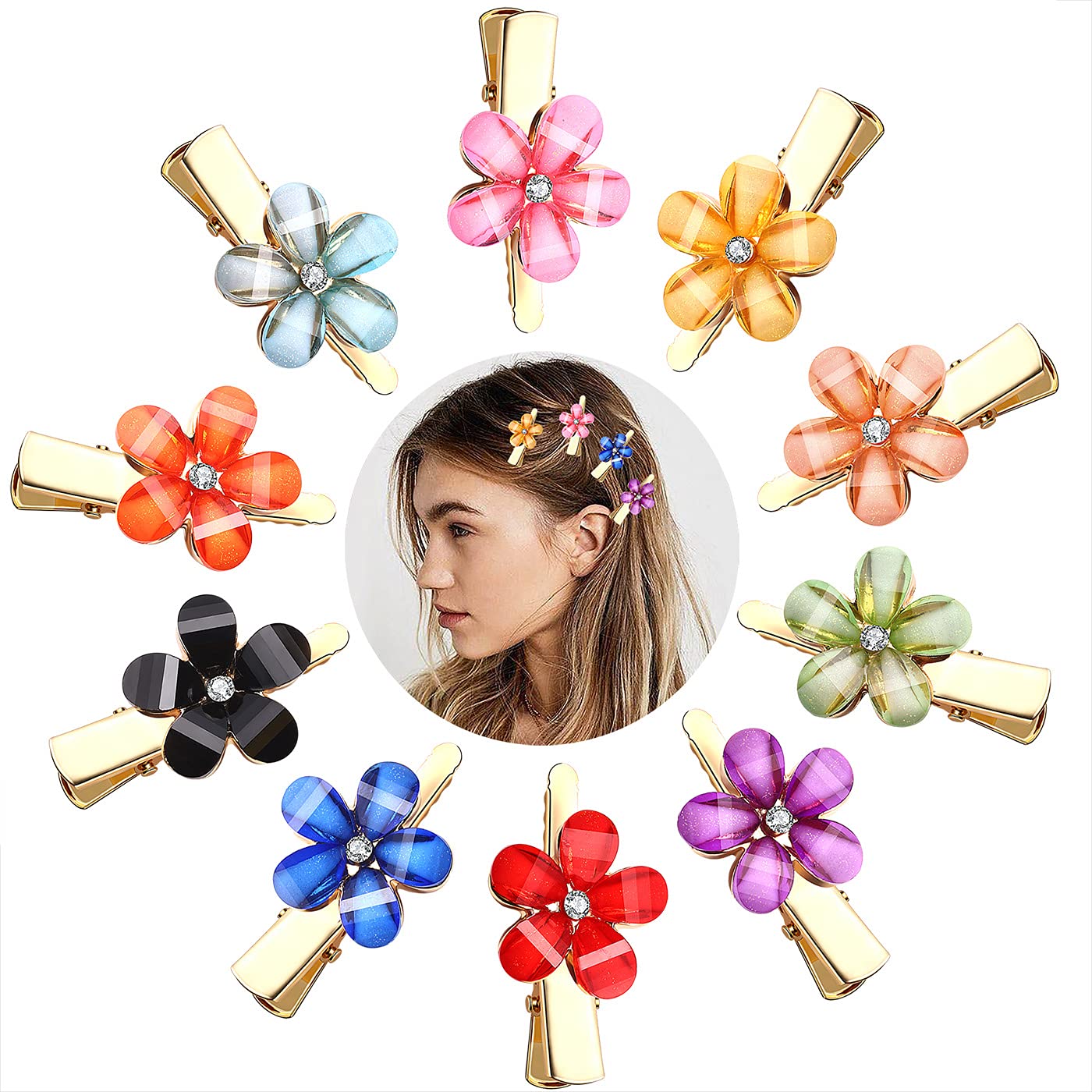 10PCS Mixed Color Crystal Floral Hair Clips for Women - Mini Duckbill Alligator Hairpins Barrettes, Elegant Hair Accessories for Birthday Party, Wedding, Daily Wear & Gift Giving
