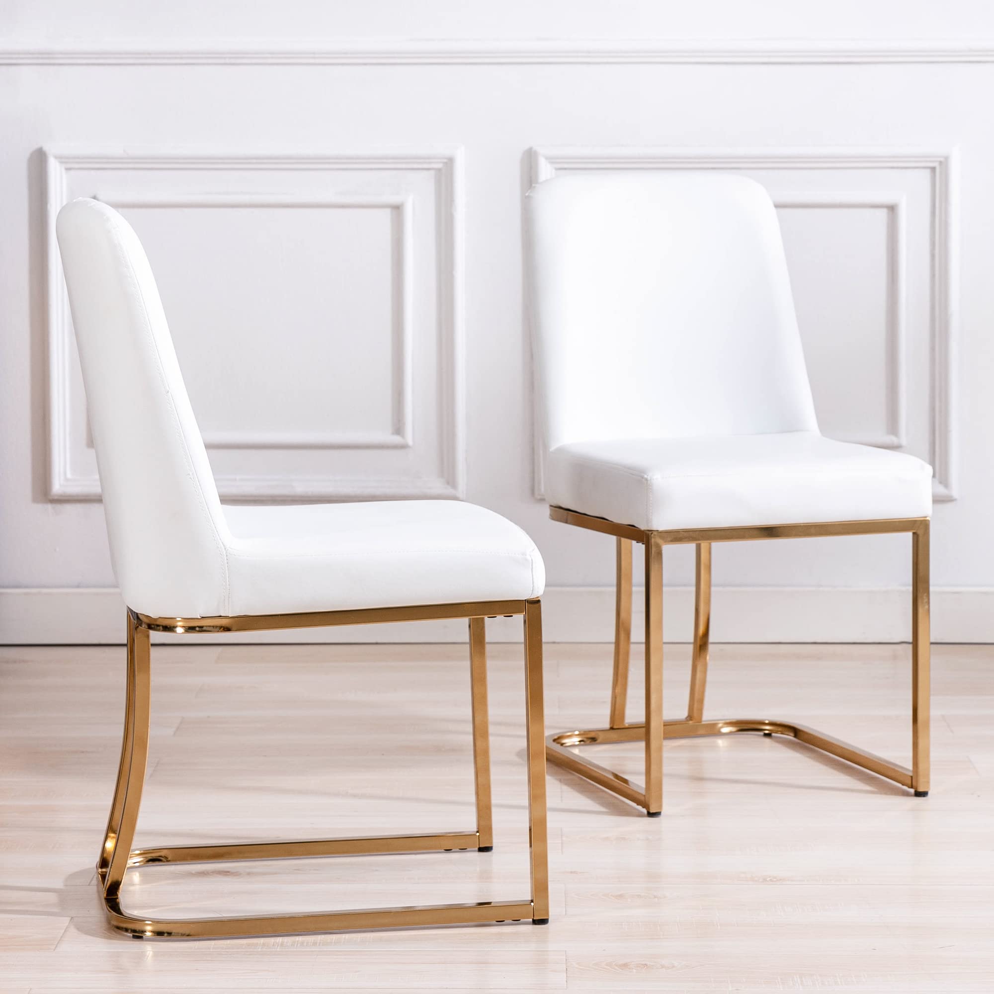 Mid Century Modern Dining Chairs Set of 2 - PU Leather Upholstered Armless Kitchen Chairs with Gold Metal Legs, 17.7
