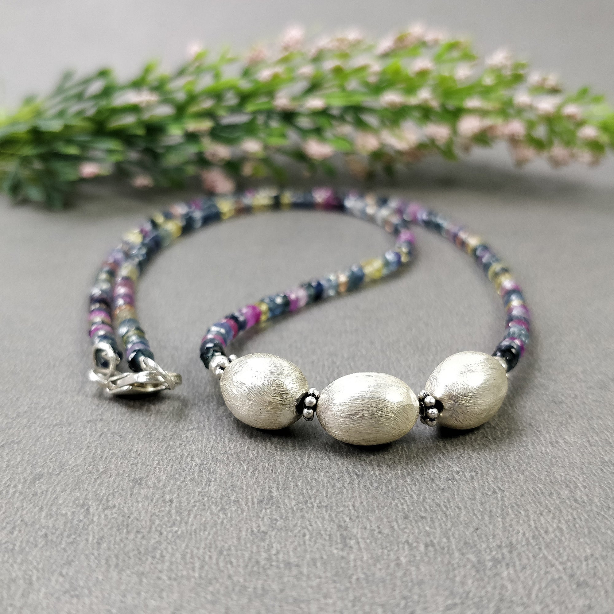 Natural Multi Sapphire Beaded Necklace for Women - 925 Sterling Silver Pendant Chain with Gemstone Beads - Elegant Jewelry Gift (18.5