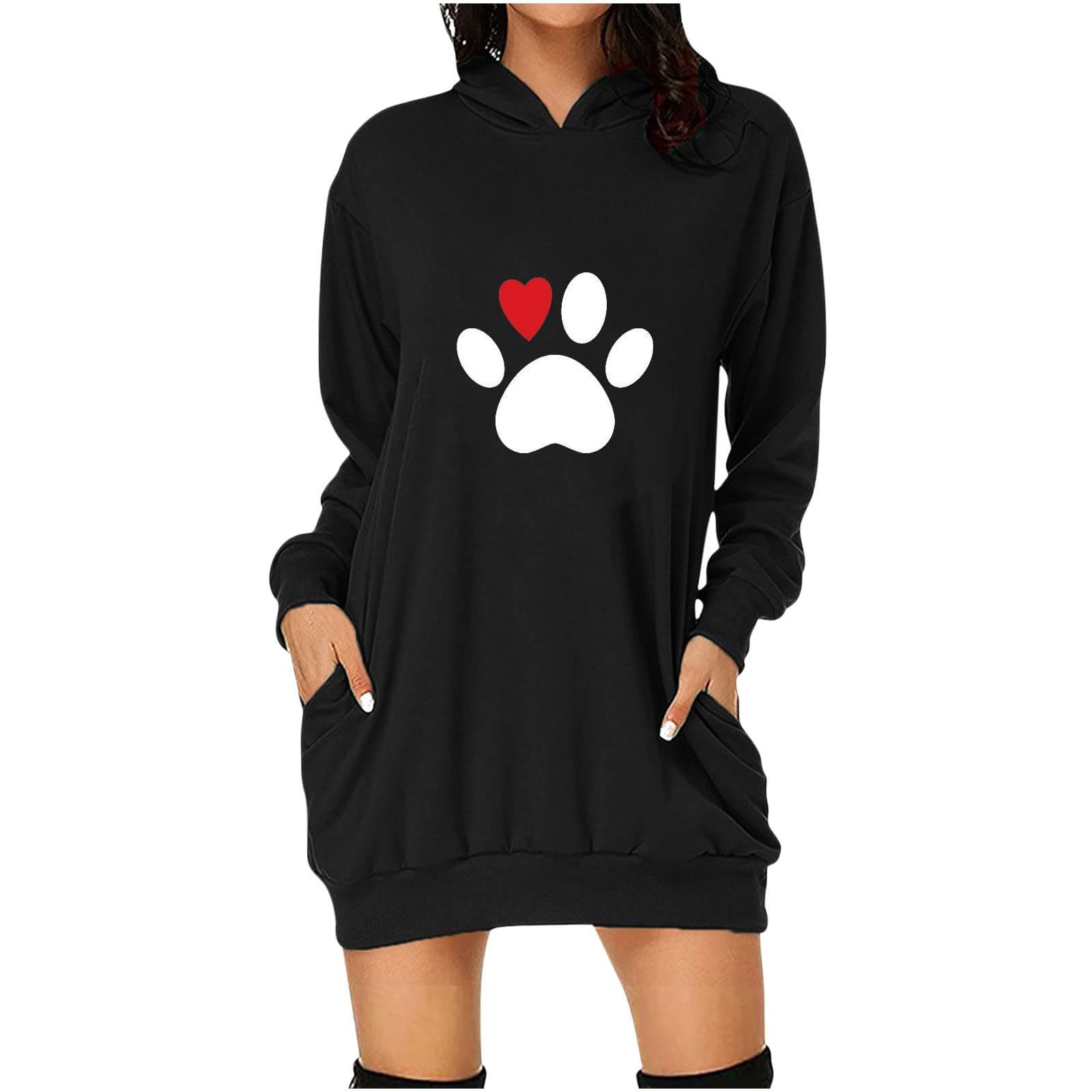 Valentine's Day Hoodie Dress - Plus Size Long Sleeve Pullover with Heart Print & Pocket | Cute Mini Sweater Dress for Date Night, Gift Giving & Casual Outings