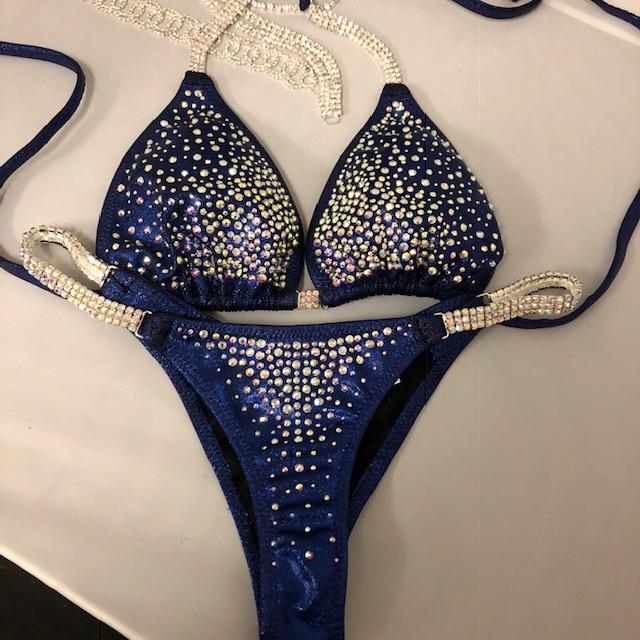 Royal Blue Rhinestone Bikini Competition Suit - Clustered AB Crystal Swimsuit CS566 for Women's Bodybuilding & Pageant Shows