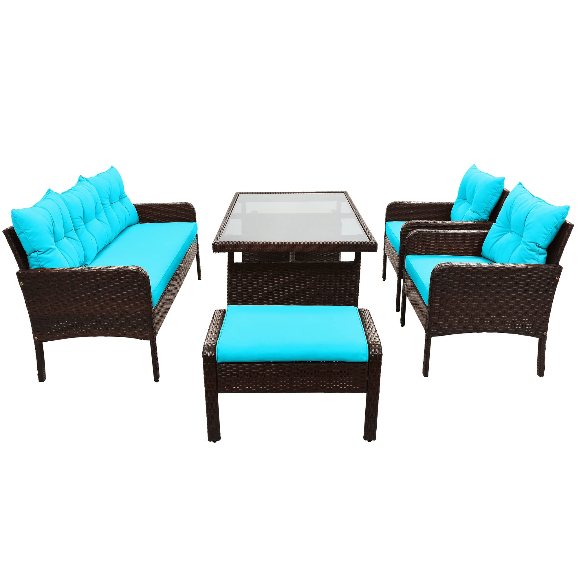 Merax 6-Piece Outdoor Patio Dining Set - PE Wicker Rattan Sofa Set with Cushions & Tempered Glass Coffee Table - Brown & Blue - Perfect for Backyard, Garden, Poolside & Outdoor Entertaining