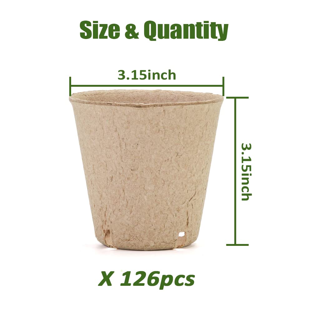 126 Packs 3.15 Inch Biodegradable Peat Pots with Drainage Holes - Round Seed Starter Nursery Pots for Plants, Seedlings & Germination - Perfect for Indoor Gardening, Greenhouses & Home Planting