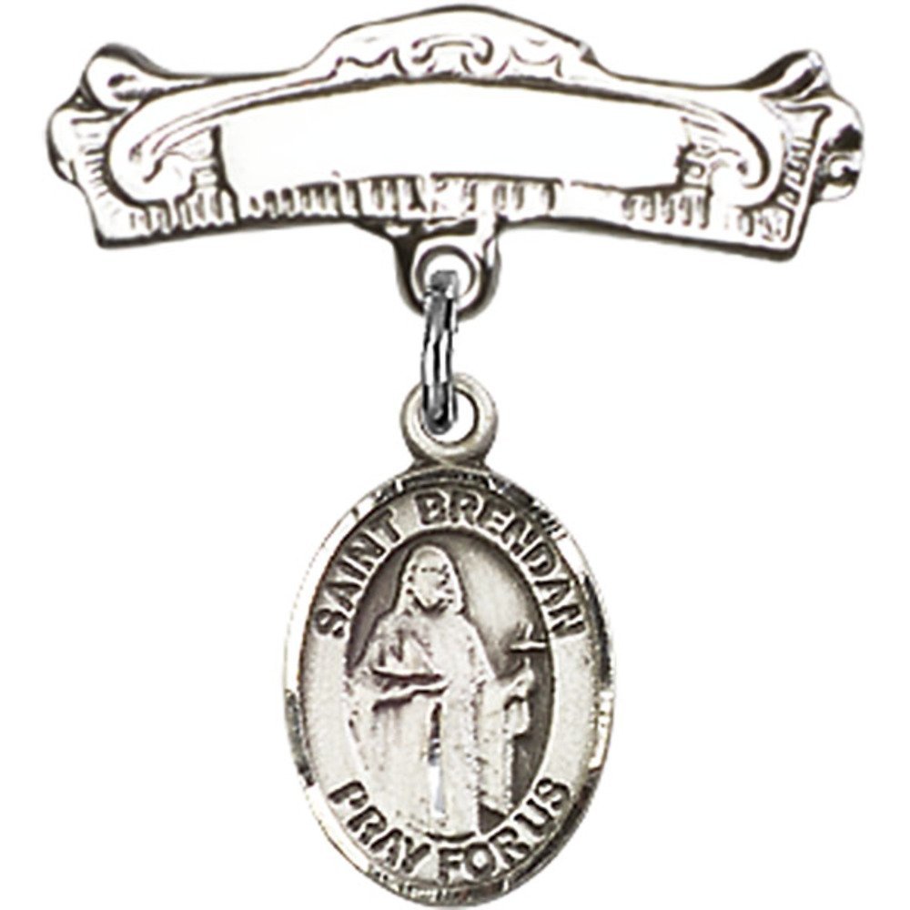 Sterling Silver Baby Badge with St. Brendan The Navigator Charm - 7/8 X 7/8 Inches Arched Polished Pin - Perfect for Christening, Baptism & First Communion Gifts