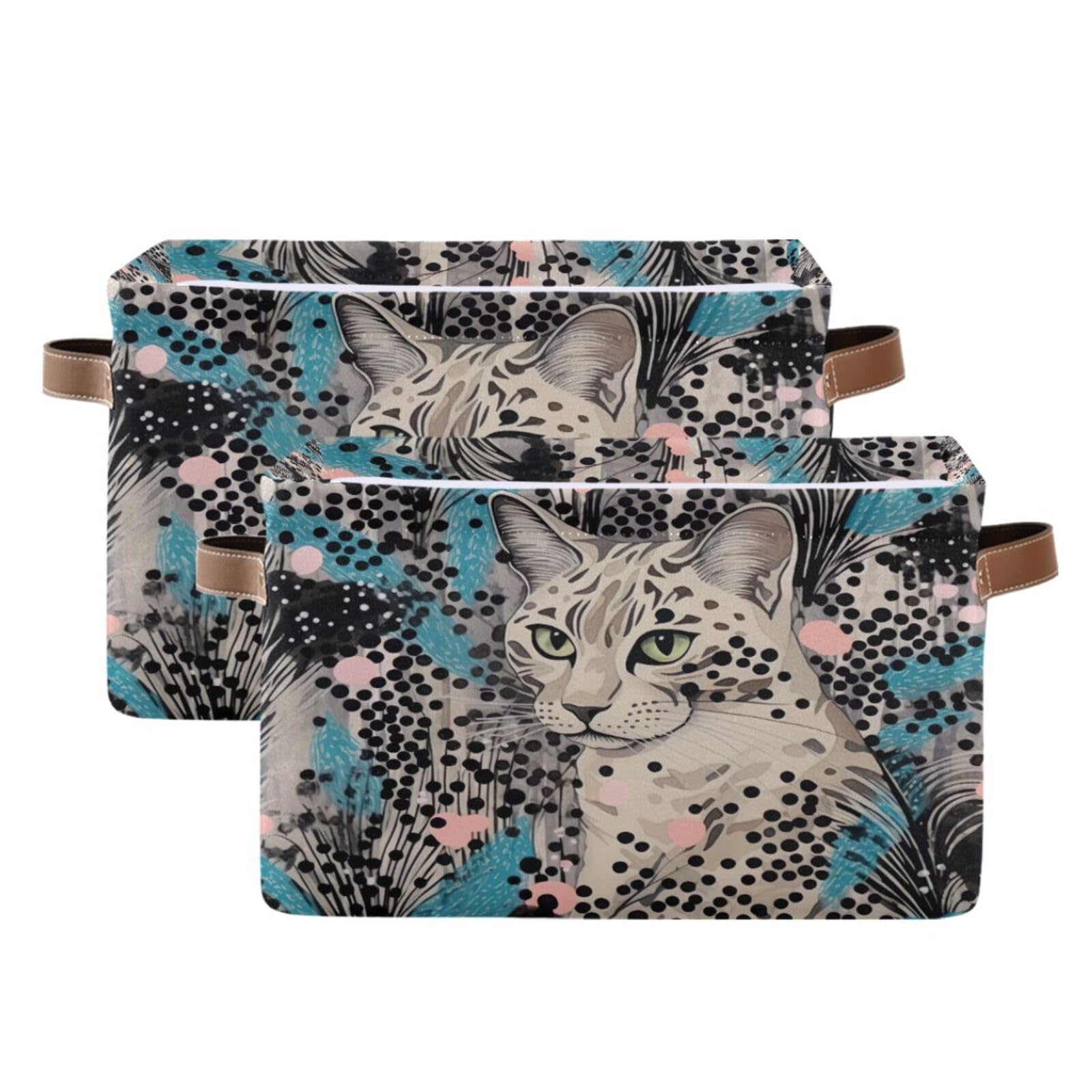 Leopard Print Foldable Storage Baskets for Shelves - 2 Pack Collapsible Sturdy Storage Bins with Handles, Canvas Storage Cubes for Closet & Home Organization - Perfect for Bedroom, Bathroom, and Office Storage Solutions