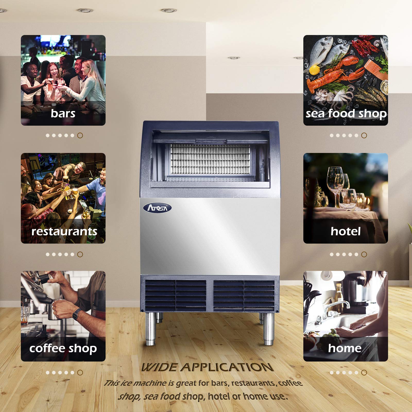 Atosa Commercial Ice Maker Machine with Bin - 142lbs/24h Stainless Steel Automatic Ice Maker for Restaurants, Bars, Cafes & Catering Services - Perfect for High-Volume Ice Production in Food Service Businesses