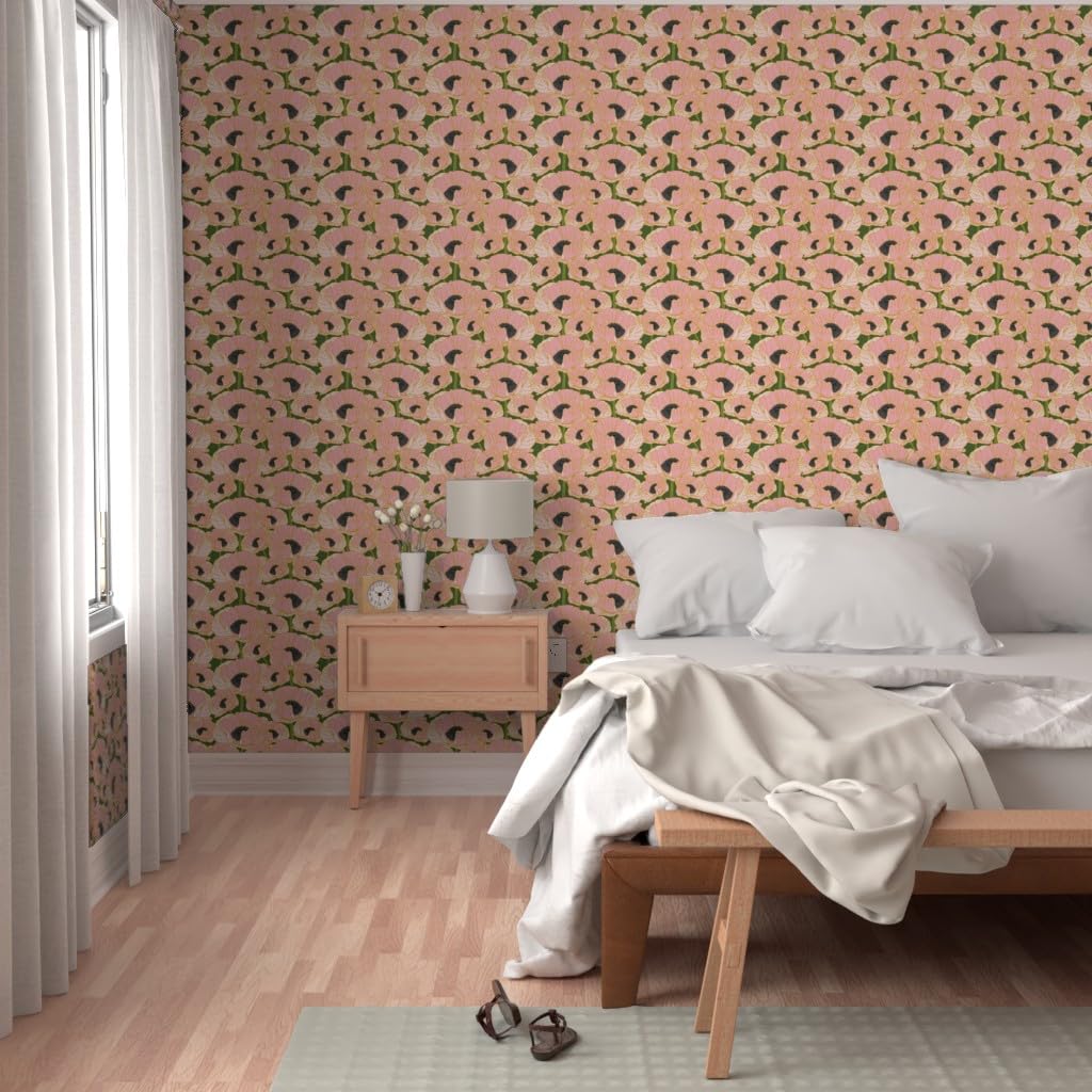Removable Wallpaper Swatch - Pink Poppy Black Green Floral Art Nouveau Design | Pre-Pasted Peel & Stick Wallpaper by Spoonflower | Perfect for Nursery, Bedroom, or Home Office Decor