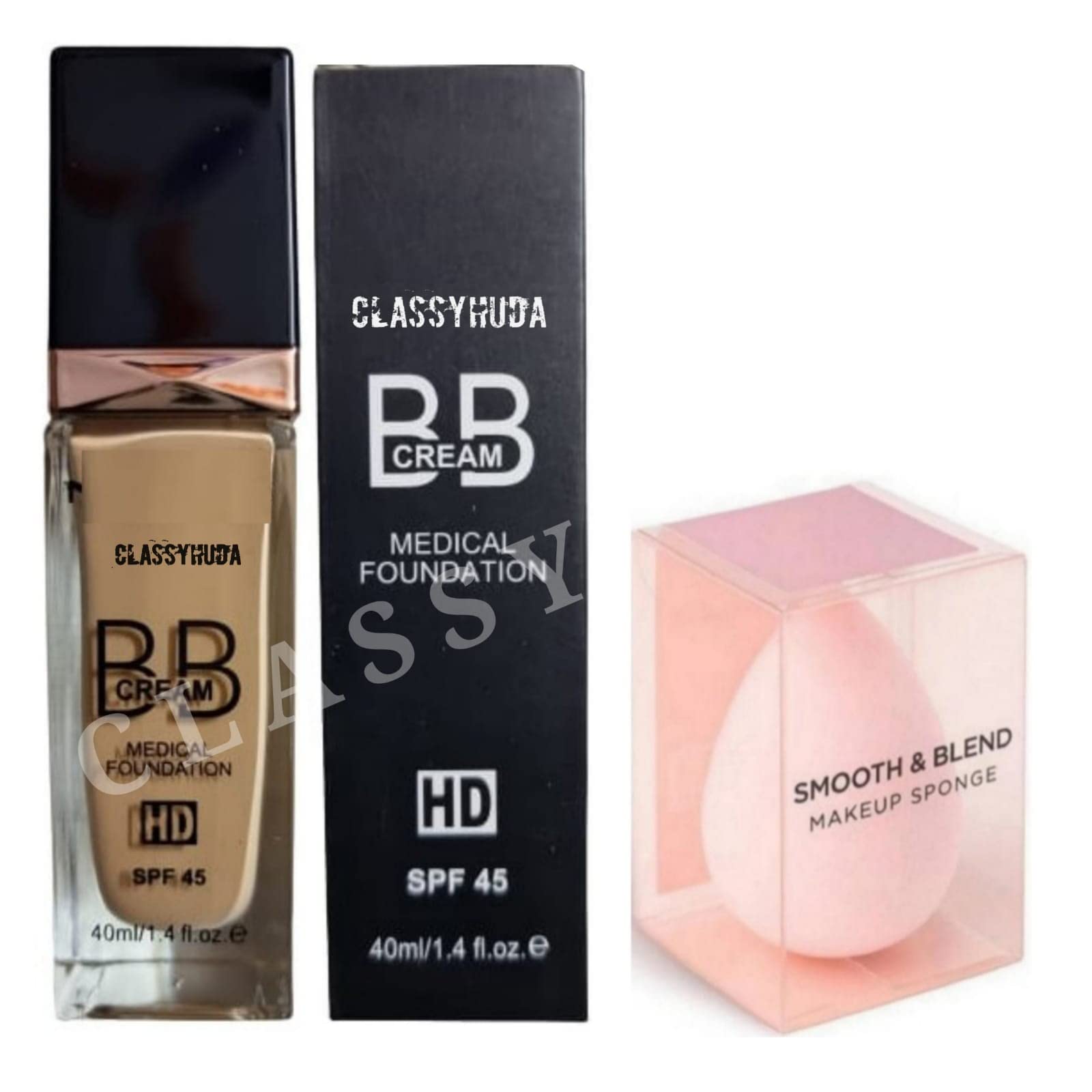 Huda Professional SPF 45 HD BB Foundation & Blender - Mini Makeup Kit for Travel & Touch-ups