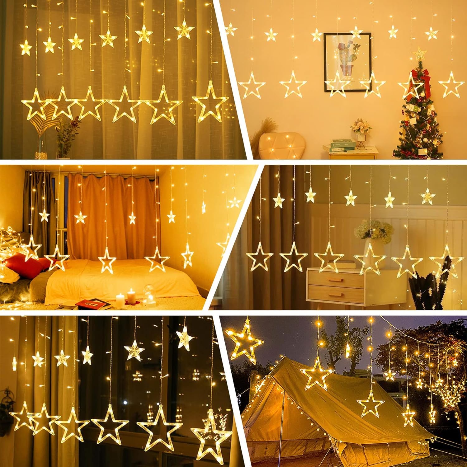 138 LED Star Curtain Fairy Lights - 9ft Plug-in Connectable Twinkle Lights with 12 Star Drops & Remote (8 Lighting Modes) - Warm White Indoor Christmas, Ramadan, Bedroom, Window Decorations - Perfect for Holiday Parties, Wedding Backdrops & Cozy Home Ambiance