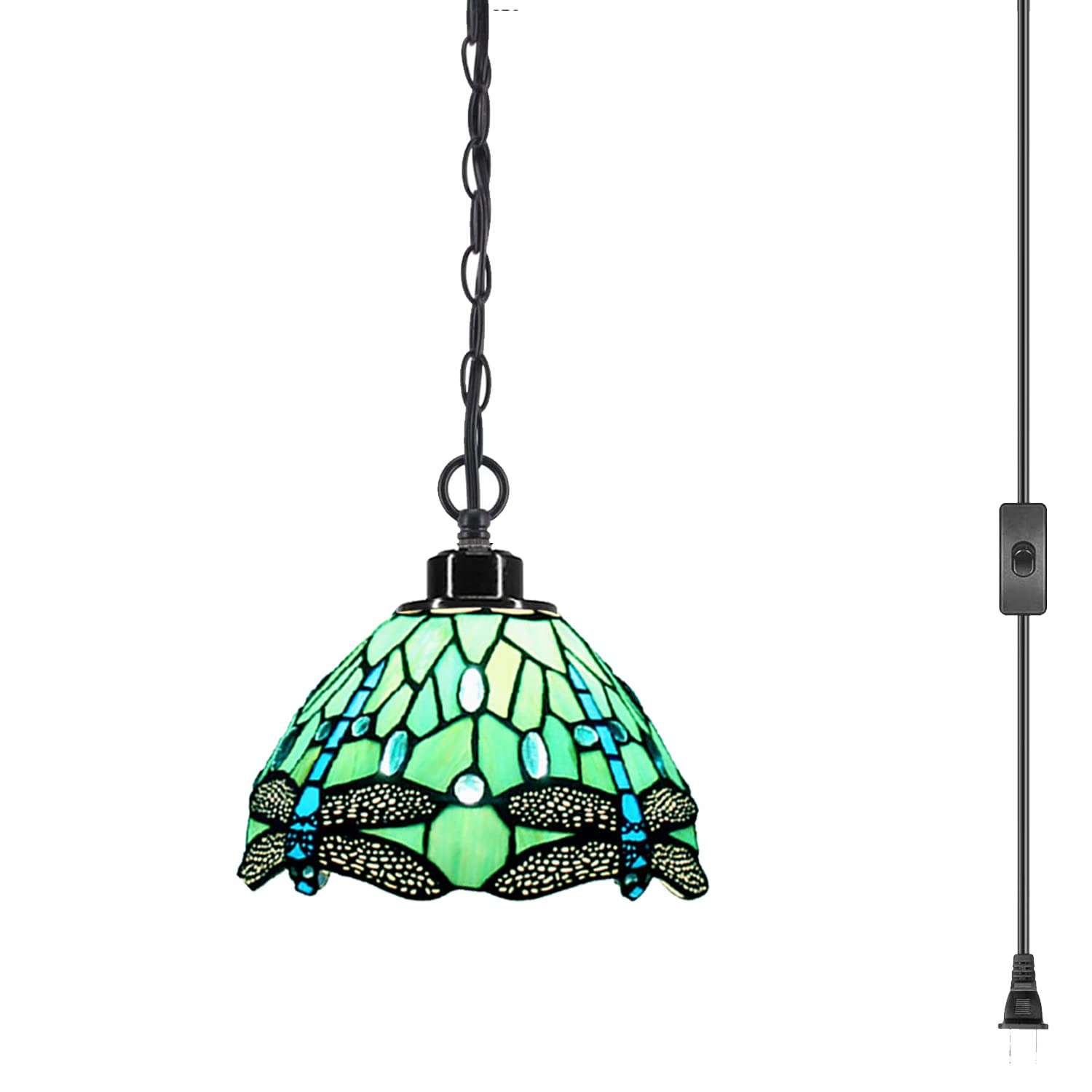 Tiffany Style Plug-In Swag Pendant Light - 8x8x18 Inch Stained Glass Hanging Lamp with Green Dragonfly Design | Perfect for Dining Room, Living Room, Bedroom & Kitchen Decor