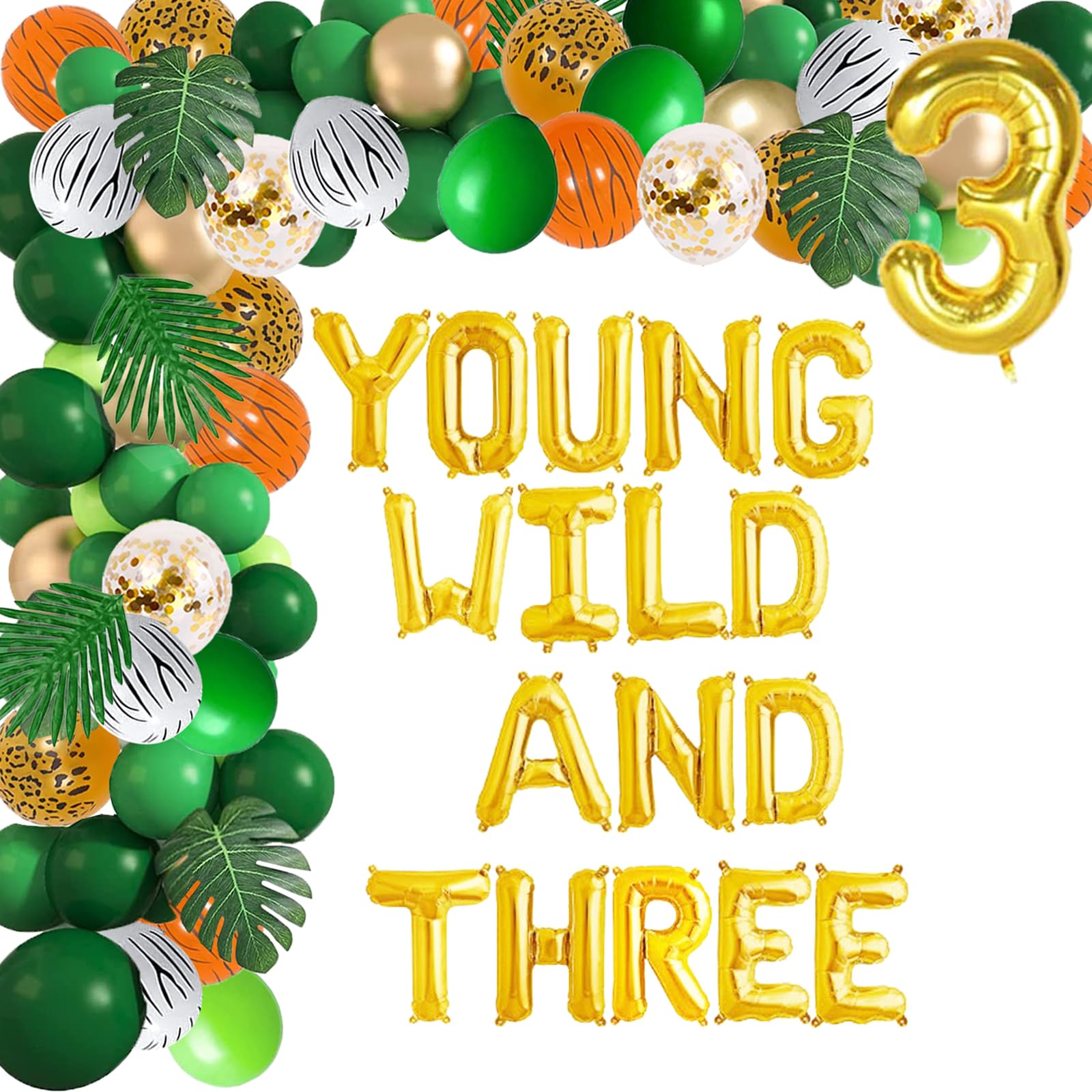 145 Pcs Safari Jungle 3rd Birthday Party Decorations Kit - Gold Wild & Three Balloons, Jungle Animal Balloons, Garlands & Arch for Wild Three Themed Woodland Party - Perfect for Kids' Birthday, Baby Shower & Jungle-Themed Events