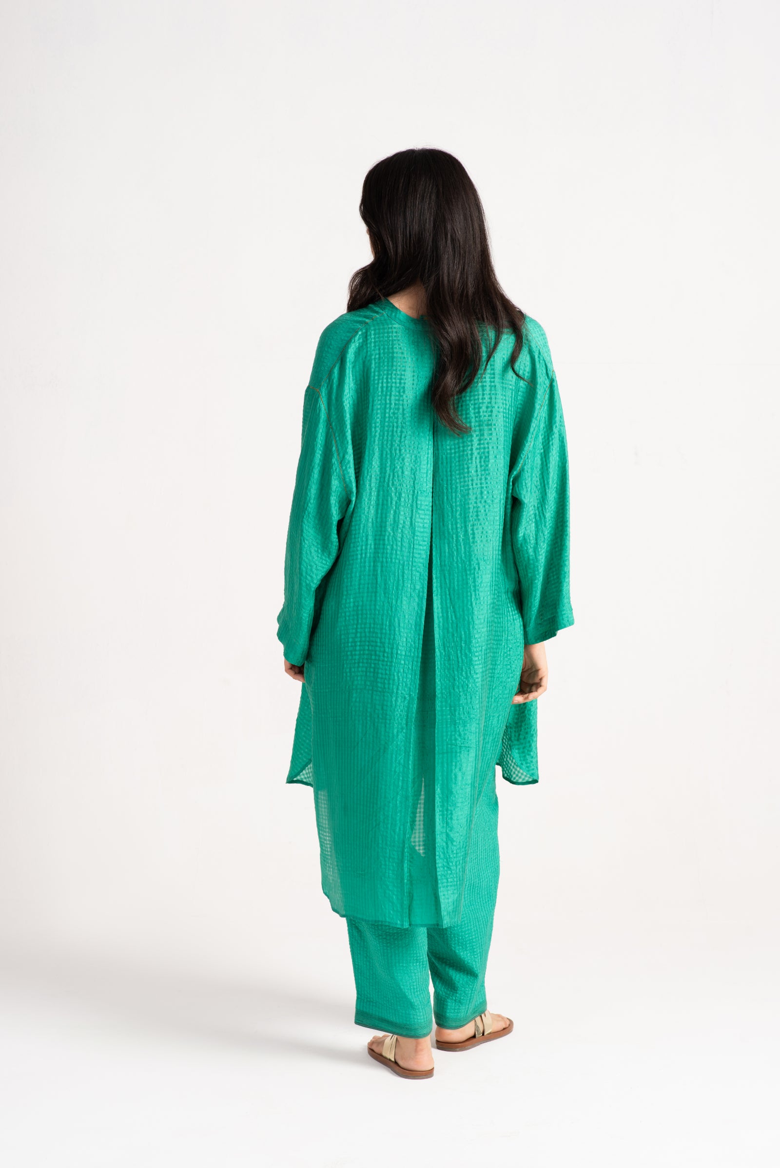 Firoza Kurta Silk Check Aqua - Elegant Embroidered Women's Silk Tunic Top for Casual Wear & Festive Occasions
