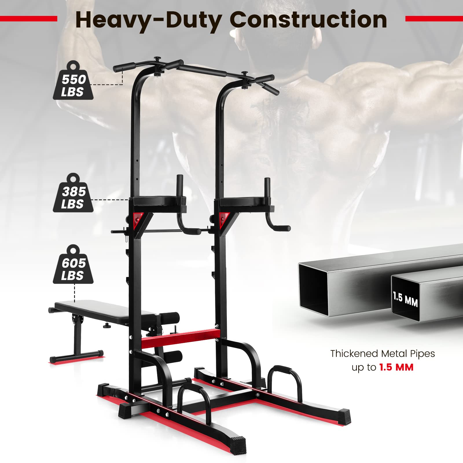 GYMAX Adjustable Height Power Tower with Bench & Pull Up Bar - Foldable Heavy Duty Full Body Strength Training Equipment for Home Gym - Perfect for Chin Ups, Dips, and Full-Body Workouts at Home