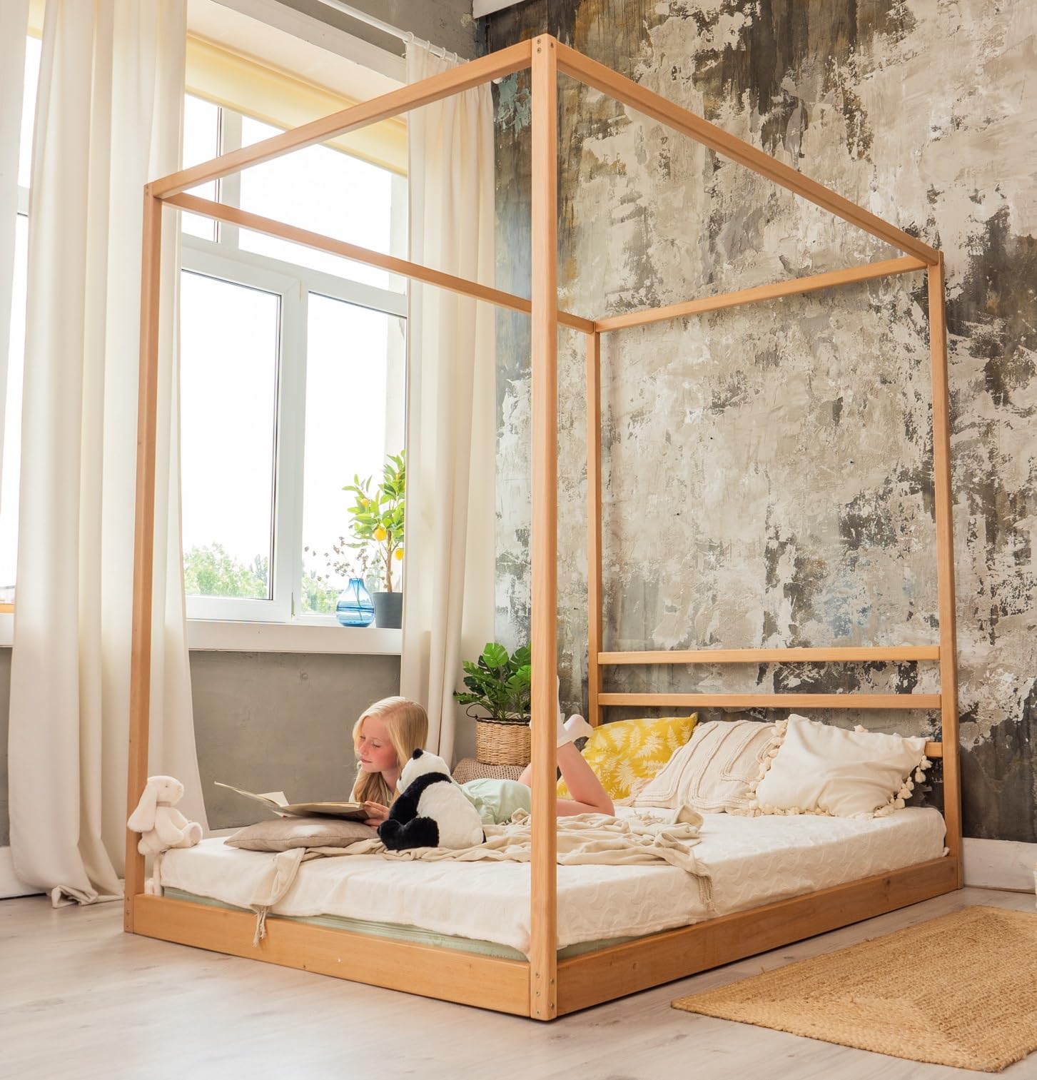 BUSYWOOD Canopy Platform Bed - Montessori Twin & Full Size Floor Bed Frame - Toddler & Queen Bed with Slats - Natural Wood Poster Bed for Kids & Adults - Perfect for Montessori Rooms, Bedrooms & Play Areas (Model 8 Floor&Slats)