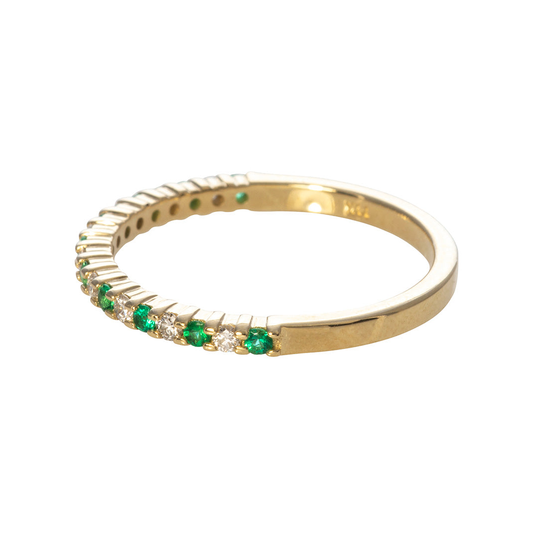 14K Yellow Gold Emerald & Diamond Halfway Band Ring for Women - Elegant Wedding, Anniversary, or Gift Jewelry