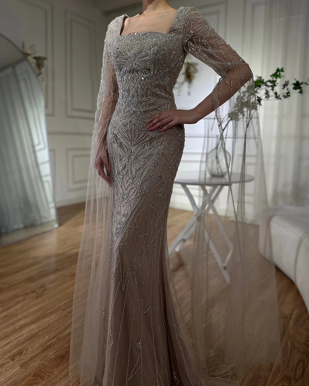 Luxury Dubai Arabic Nude Cape Sleeves Mermaid Saudi Evening Dresses Beaded Formal Party Gowns for Women - Elegant Wedding, Prom, Gala & Special Occasion Wear LA72261B
