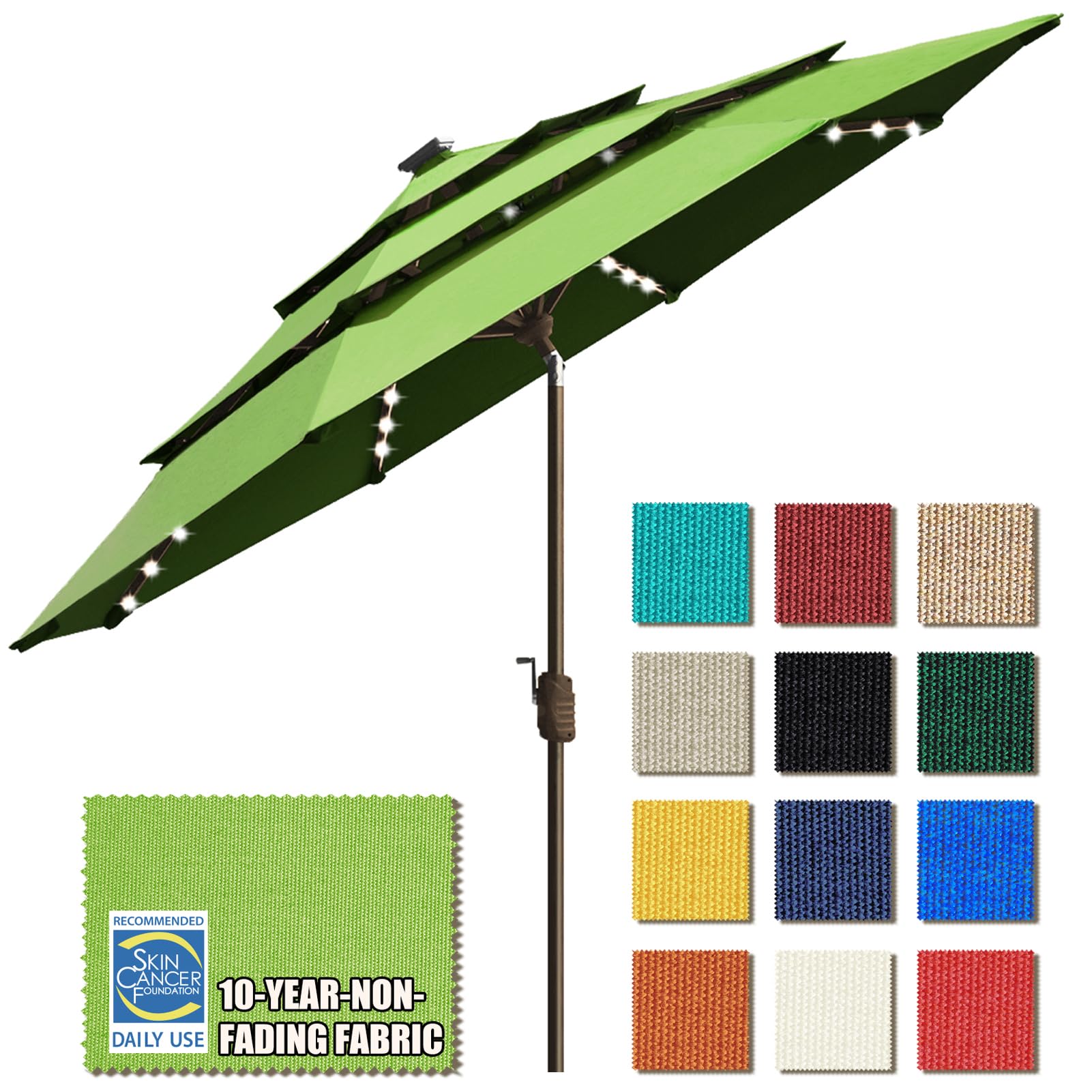 EliteShade USA 10-Year Fade-Resistant 9ft Solar-Powered 3-Tier Patio Umbrella with 80 LED Lights - Outdoor Table Umbrella with Ventilation, Macaw Green - Perfect for Backyard, Poolside, and Restaurant Outdoor Dining
