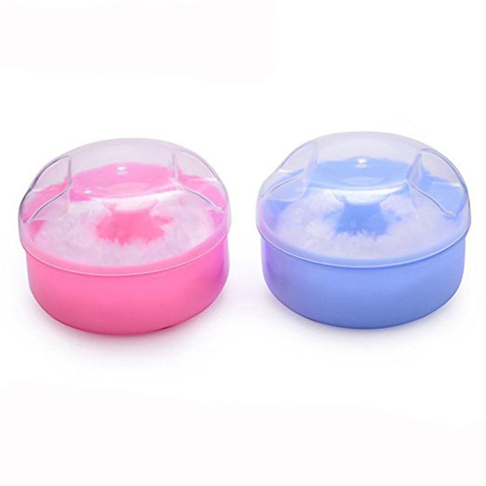 2PCS Soft Baby Powder Puff Sponge Set with Portable Dispenser - Empty Talcum Powder Container for Baby Shower & Diaper Changes (Blue + Pink) - Ideal for Newborn Care, Travel & Home Use