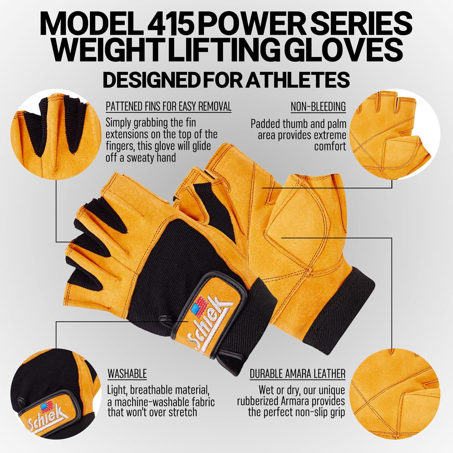 Schiek Sport Model 415 Power Lifting Fingerless Gloves - Durable Weight Lifting Grip Gloves for CrossFit, Gym & Strength Training - Ideal for Deadlifts, Pull-Ups & Barbell Workouts