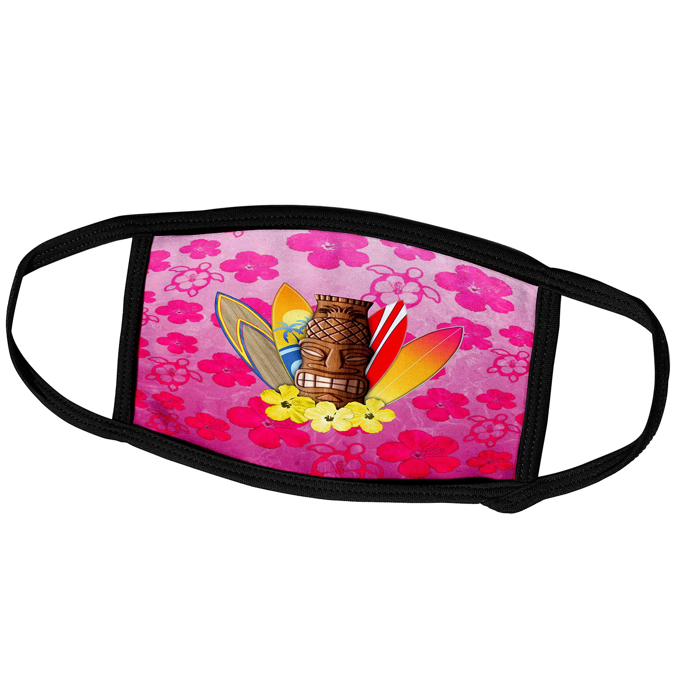 3D Rose Hawaiian Tiki Statue and Surfboards with Pink Tropical Flowers Face Mask - Reusable Cloth Mask for Surfing, Beach Parties & Tropical Vacations