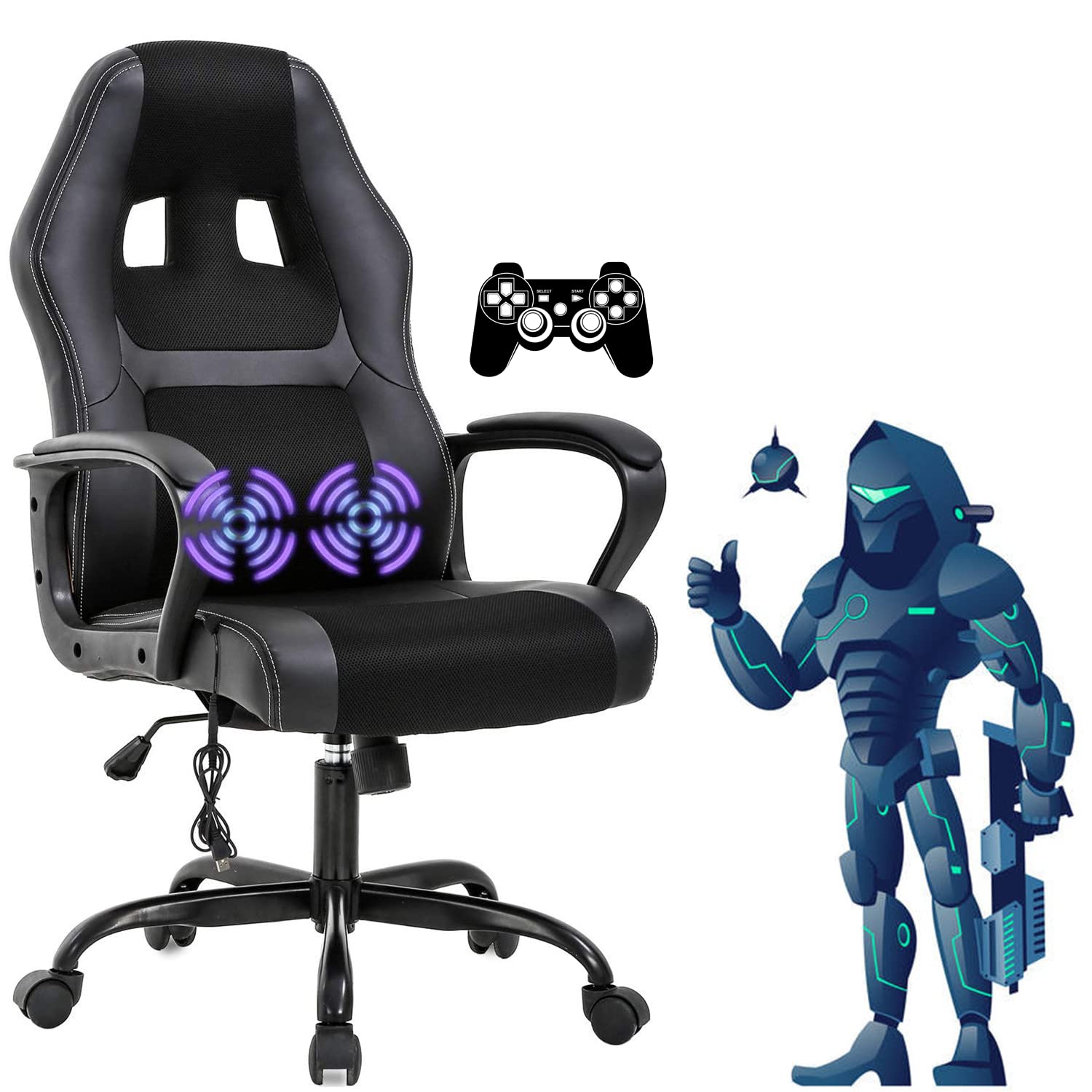 Premium Ergonomic Gaming Chair with Massage & Lumbar Support - Adjustable Reclining Office Computer Chair with Headrest & Armrests - Black Gaming Chair for Adults & Teens - Perfect for Esports, Streaming & Home Office Work