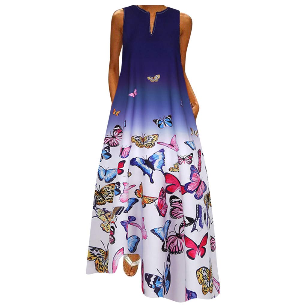 Women's Vintage Boho Sleeveless V-Neck Maxi Dress - Gradient Print Summer Sundress for Casual Wear & Beach Outings
