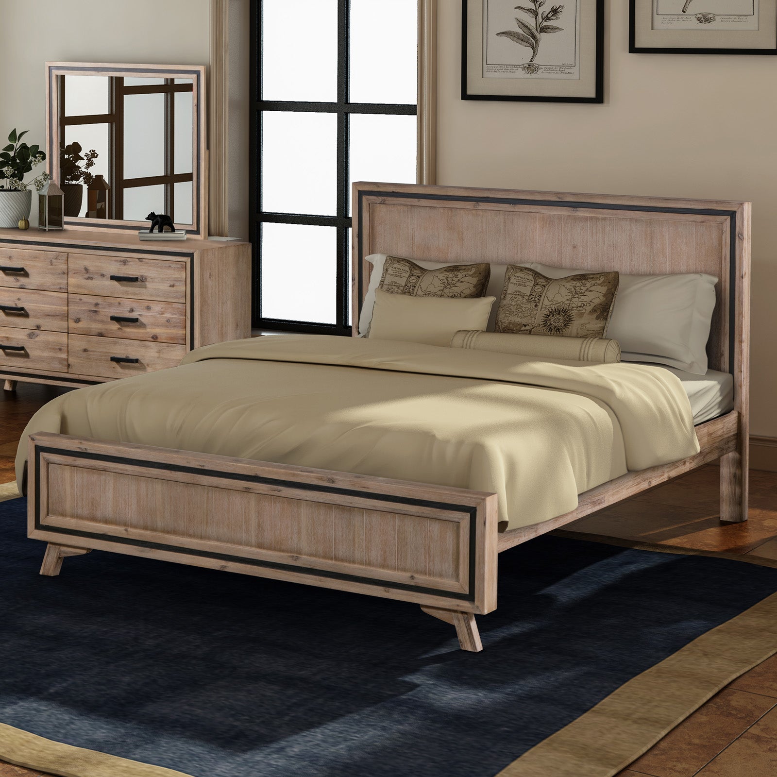 Luxury King Size Bed Frame - Solid Acacia Wood Construction with Oak & Brushed Silver Finish | Coastal & Modern Bedroom Decor for Master Suite