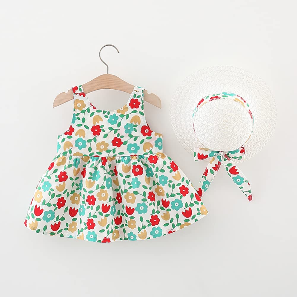 IDOPIP Baby Girl Tutu Dress - Sleeveless Backless Princess Party Dress with Flower Bow & Straw Hat Set for Summer, Birthday, Photo Shoots & Beach Outings