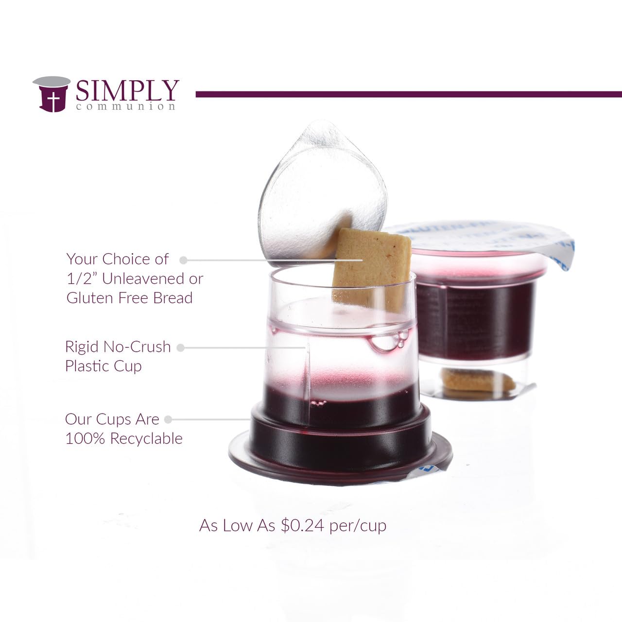 Gluten Free Pre-Filled Communion Cups with Concord Juice & Gluten Free Bread - 100 Pack | Tray & Seatback Compatible | Perfect for Church Services, Weddings & Religious Ceremonies