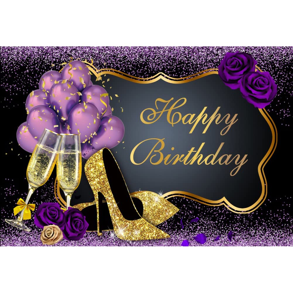 Leyiyi 7x5ft Happy Birthday Photo Backdrop - Purple & Black Balloon Champagne Rose Gold Heels Glitter Photography Background for Women, Girls, Mother's Day Decor - Perfect for Birthday Parties, Baby Showers & Photo Shoots