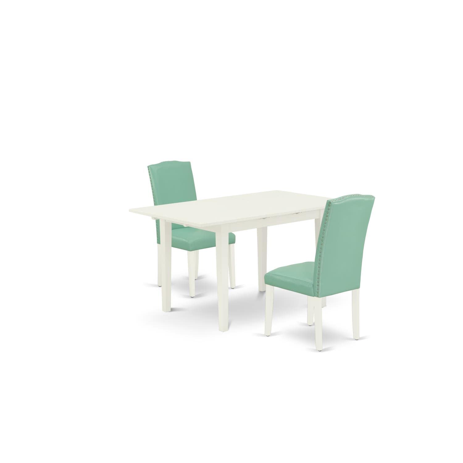 East West Furniture NOEN3-LWH-57 3-Piece Kitchen Dining Set - 32x54 Inch Rectangle Table with Butterfly Leaf & 2 Parson Chairs in Faux Leather, Linen White - Perfect for Small Spaces, Breakfast Nooks & Cozy Apartments